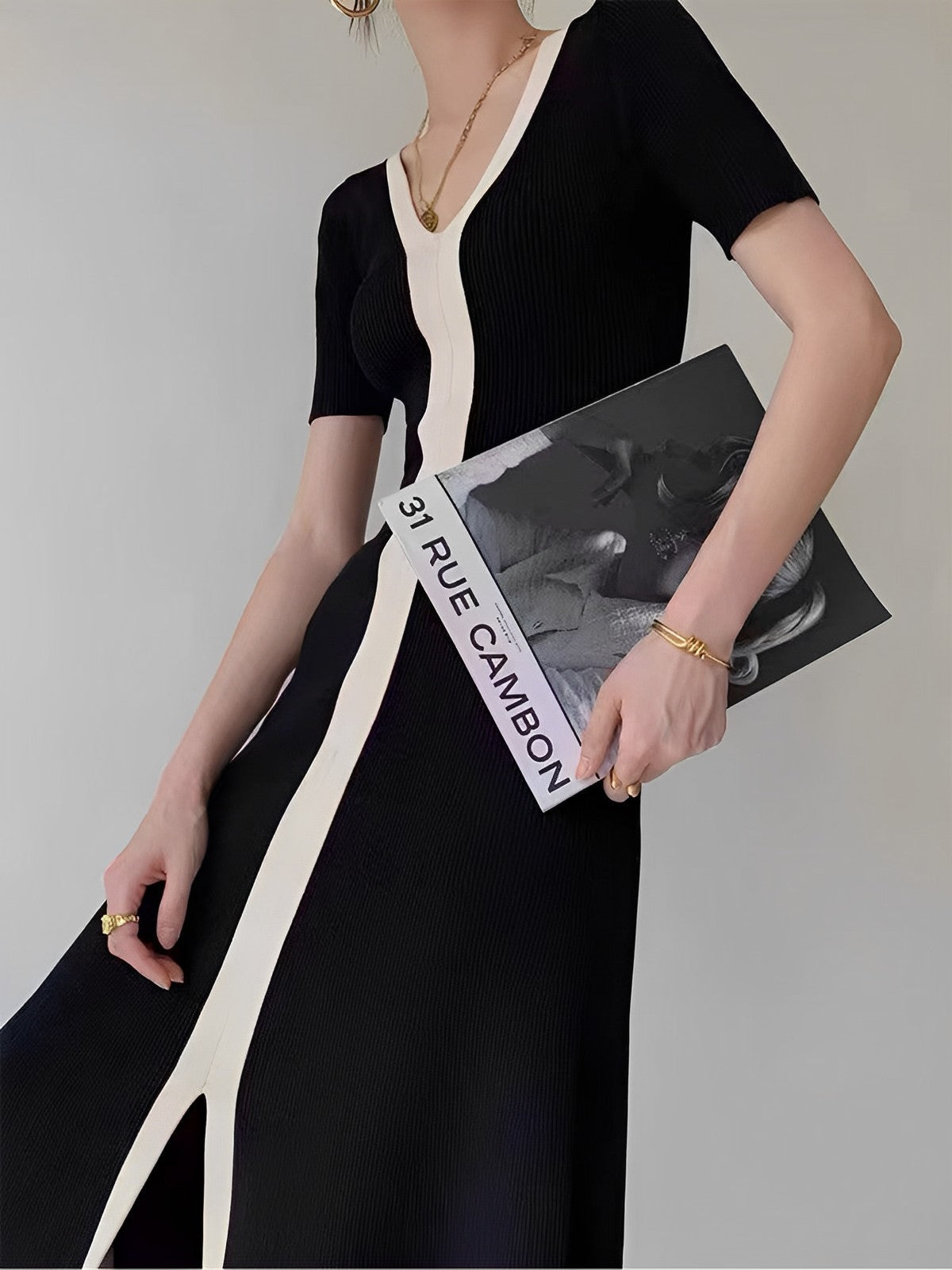 Two Tone V-Neck Knit Slit Midi Dress for Women Casual Comfortable Style