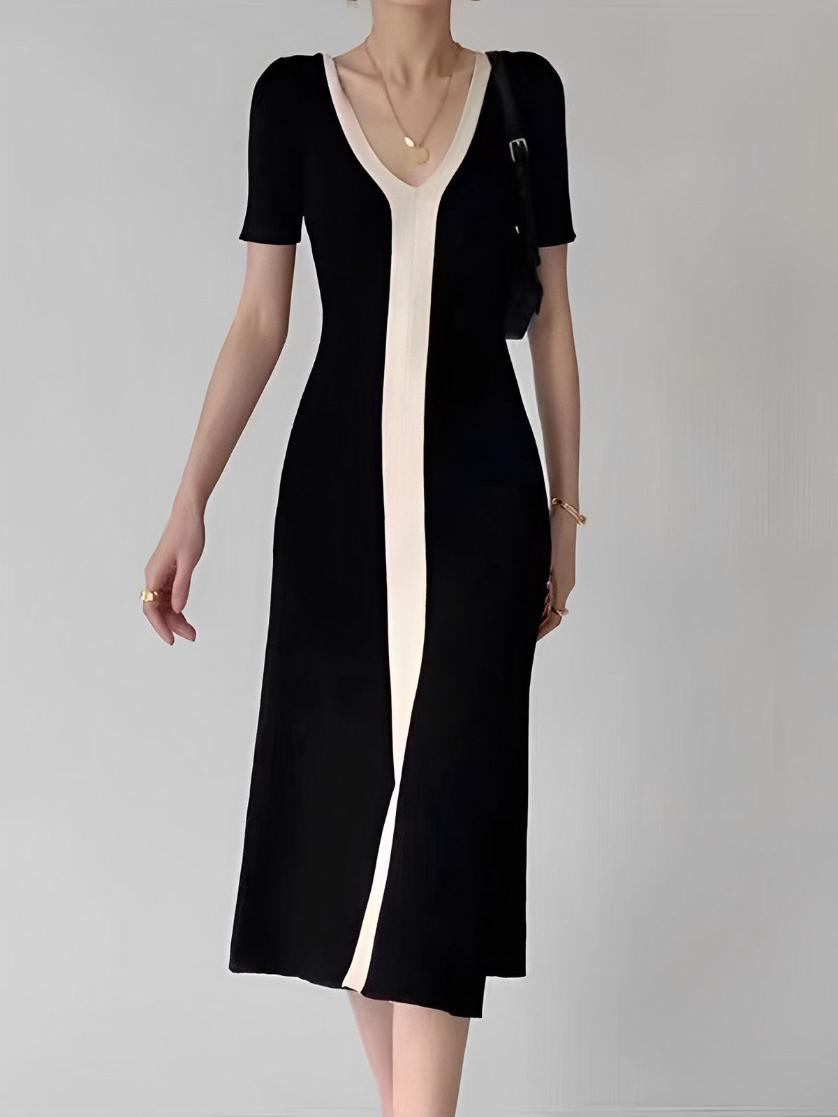 Two Tone V-Neck Knit Slit Midi Dress for Women Casual Comfortable Style