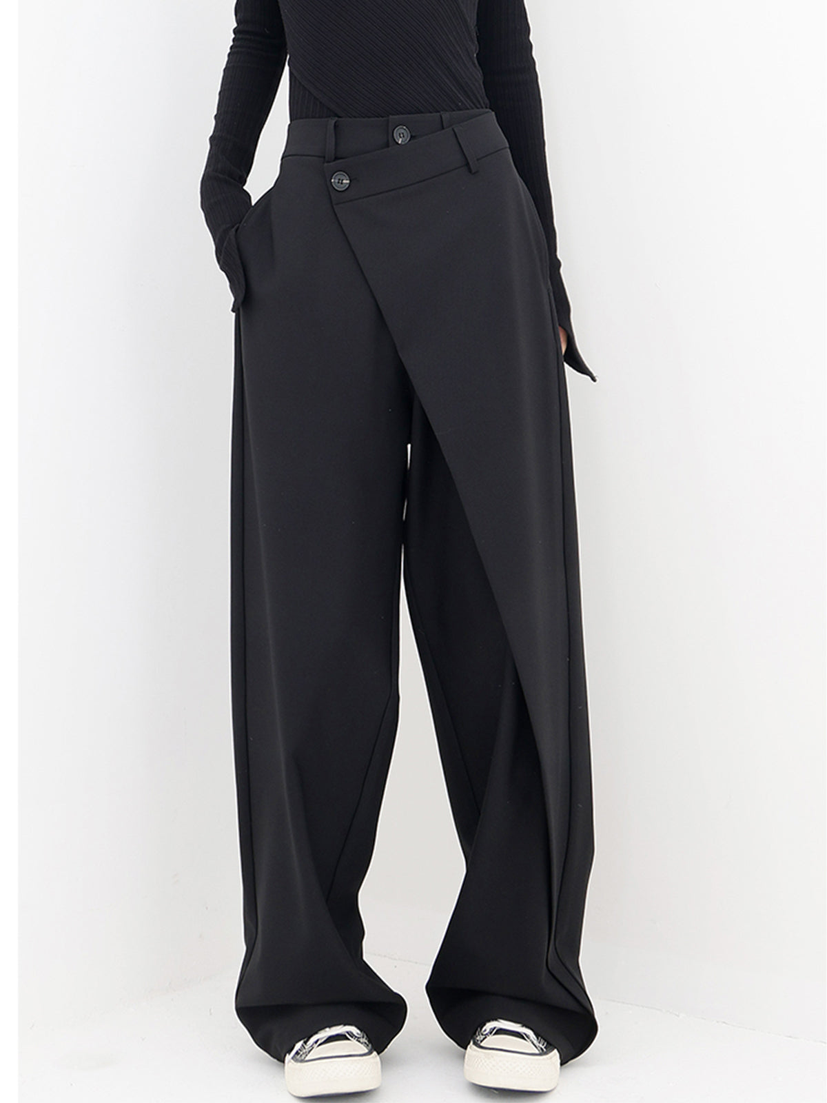 Asymmetrical Layer Button Wide Leg Dress Pants High Waist Office Wear