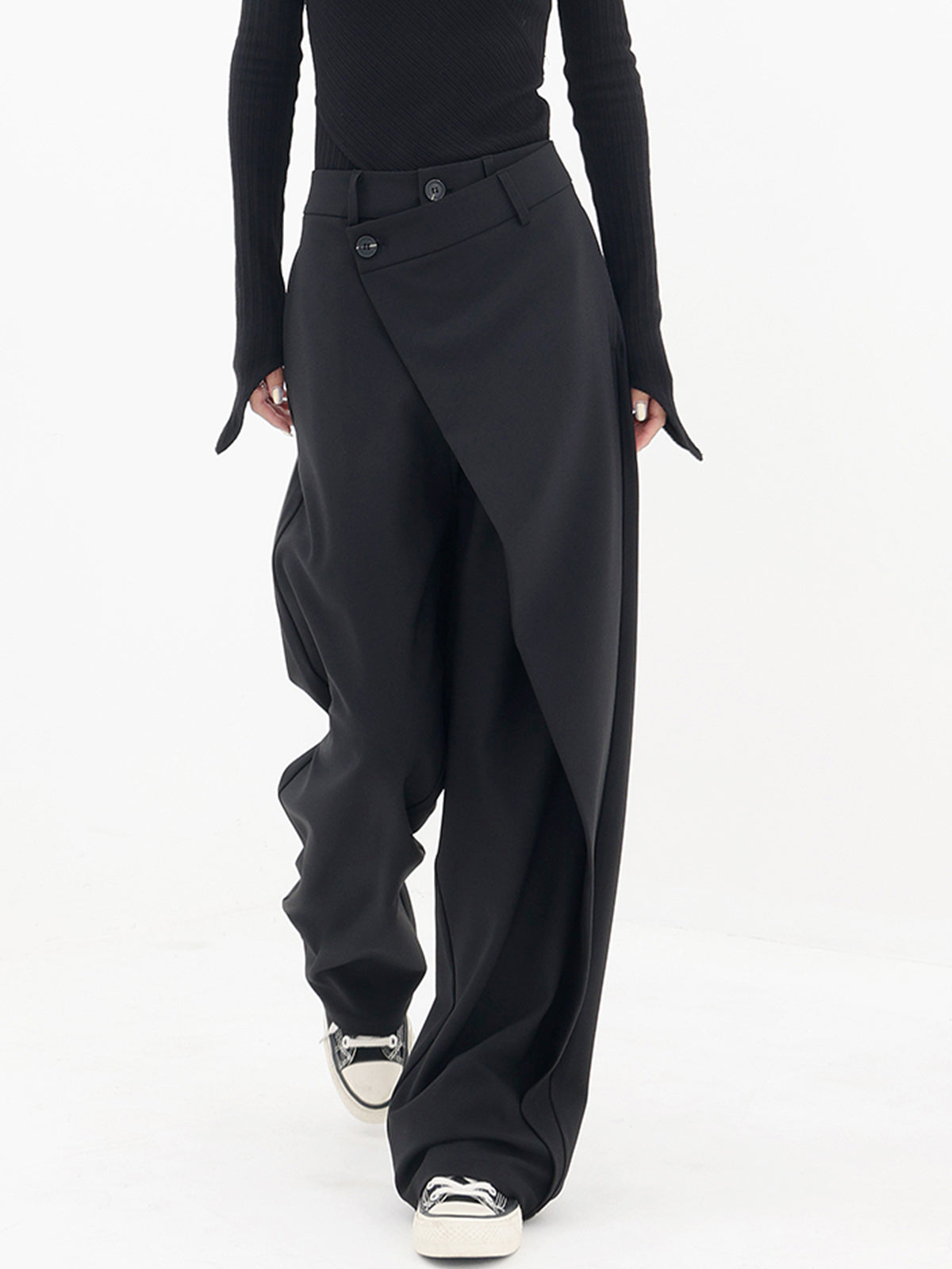 Asymmetrical Layer Button Wide Leg Dress Pants High Waist Office Wear
