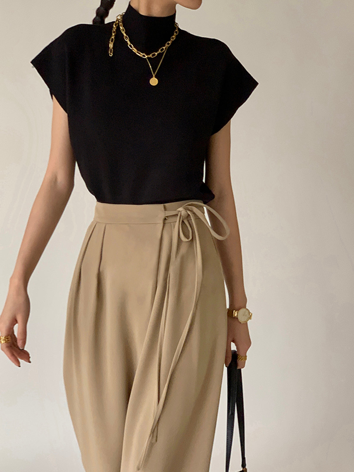 Tie Waist Flowy Wide Leg Dress Pants with High Waistband and Pockets