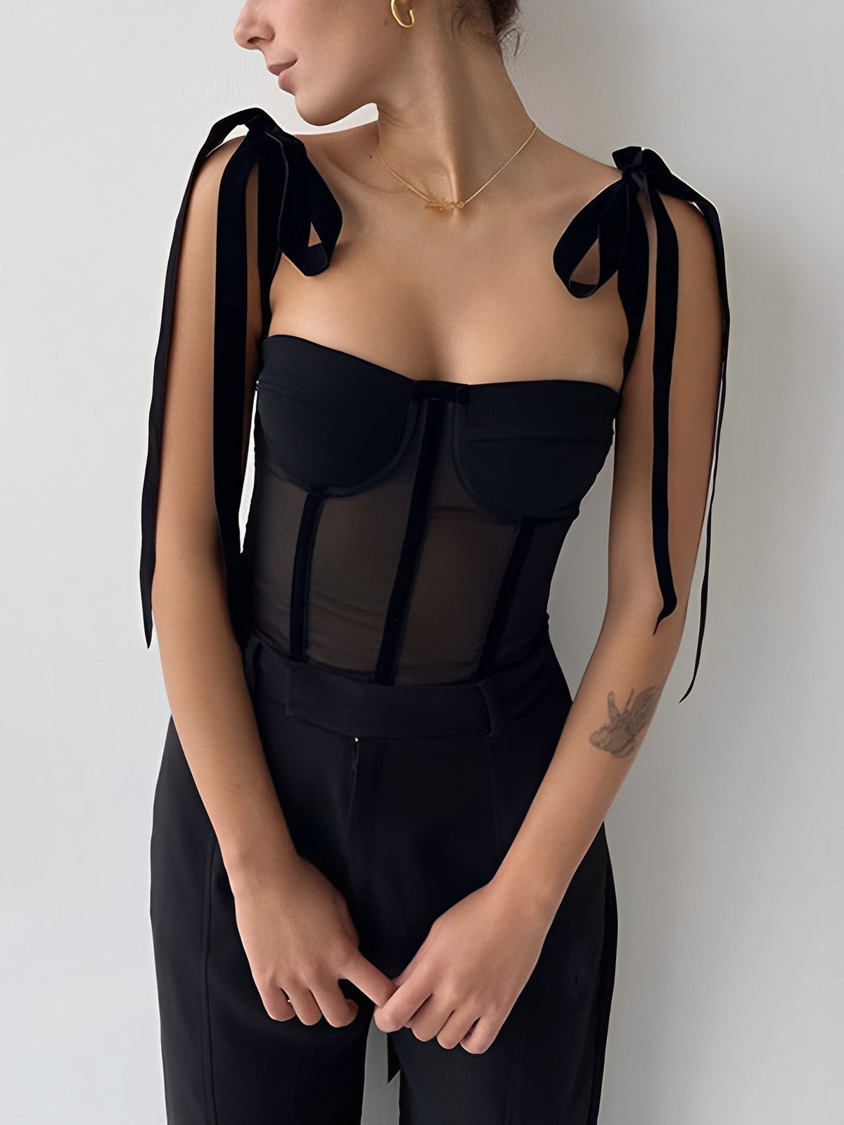 Sheer Mesh Tie-Front Crop Top – Light Support, Breathable Comfort Fit Women's Fashion