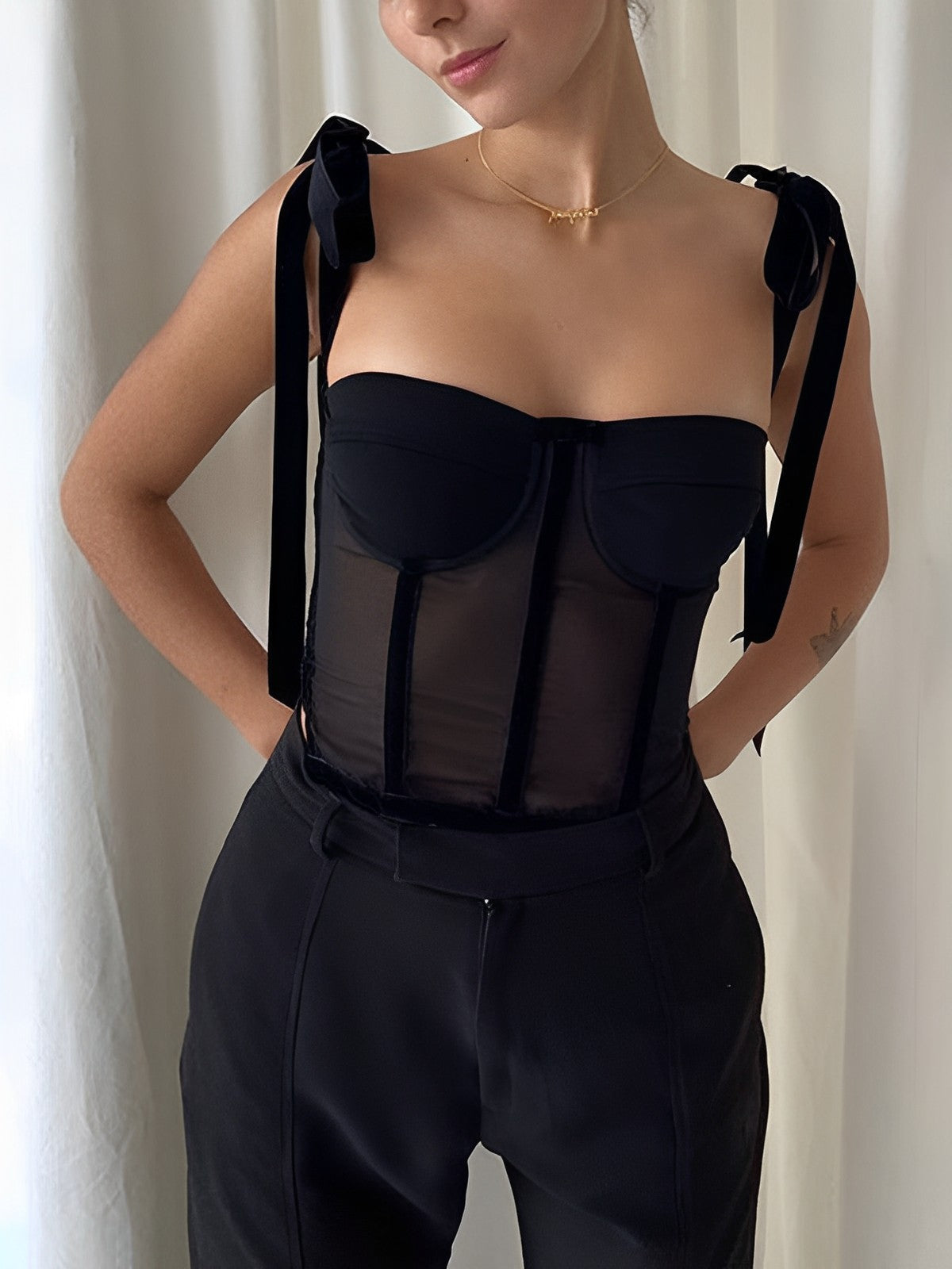 Sheer Mesh Tie-Front Crop Top – Light Support, Breathable Comfort Fit Women's Fashion