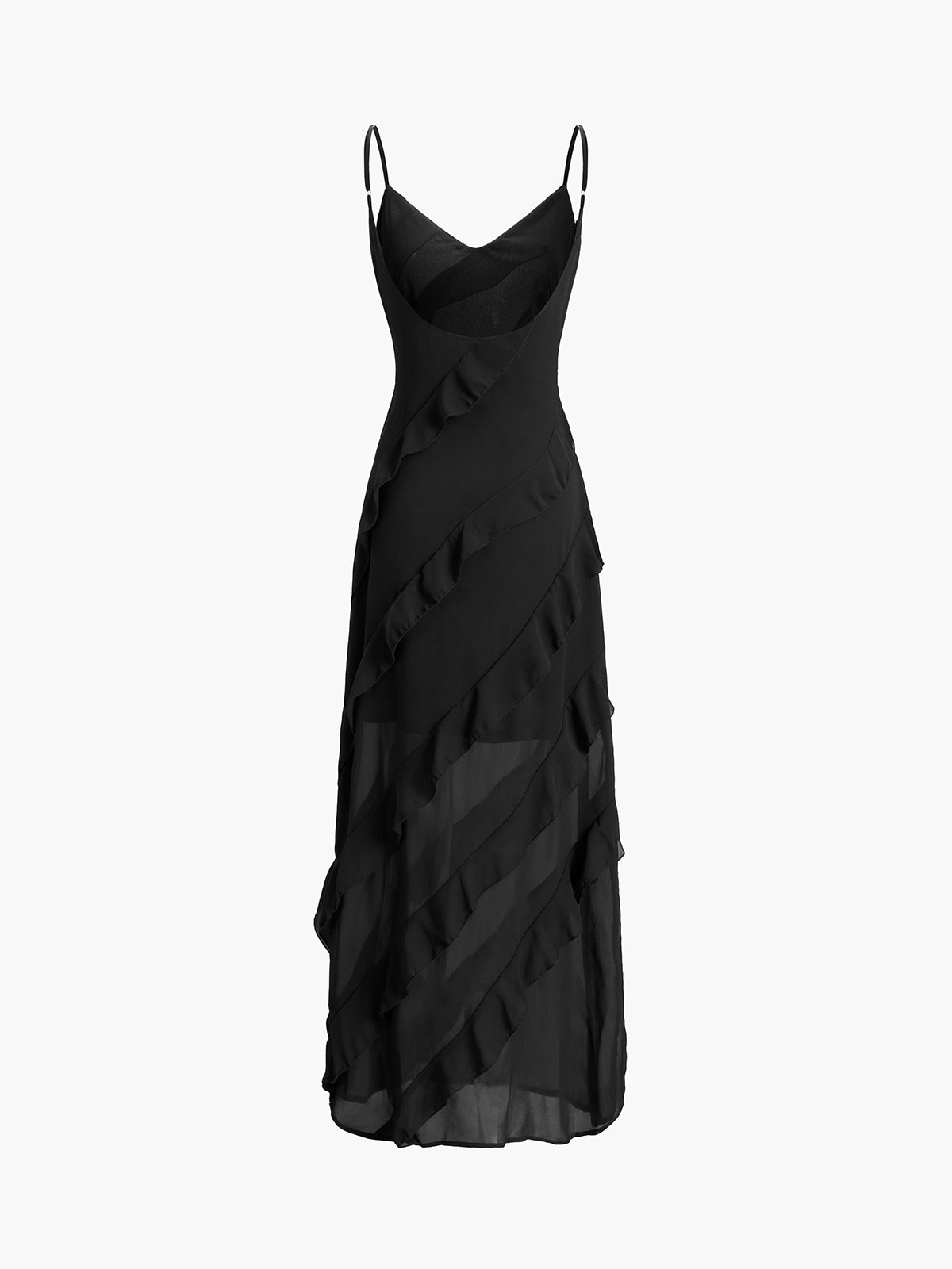 Semi-Sheer Ladder Ruffle Zippered Long Dress with Elegant Flowing Skirt