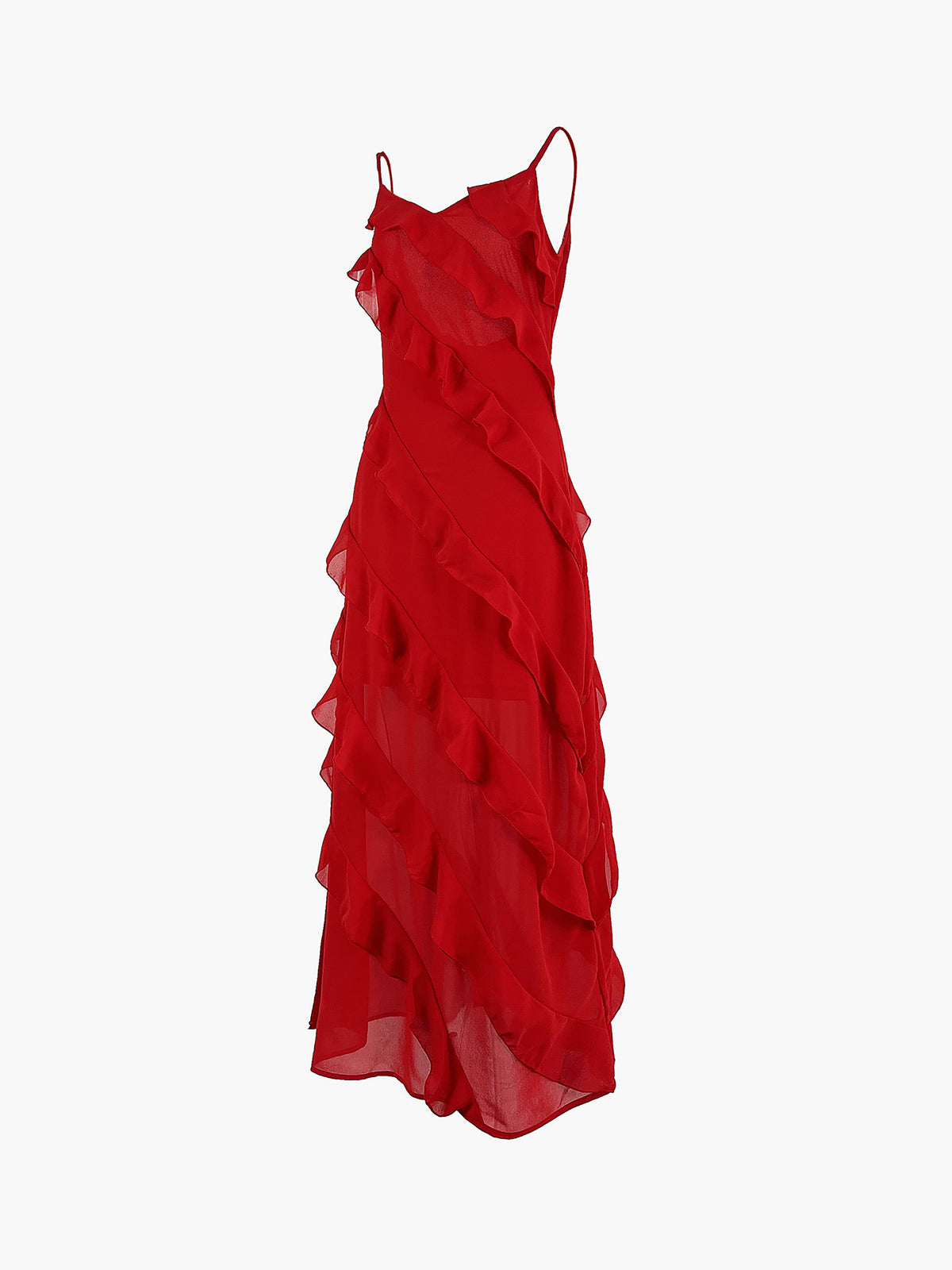 Semi-Sheer Ladder Ruffle Zippered Long Dress with Elegant Flowing Skirt