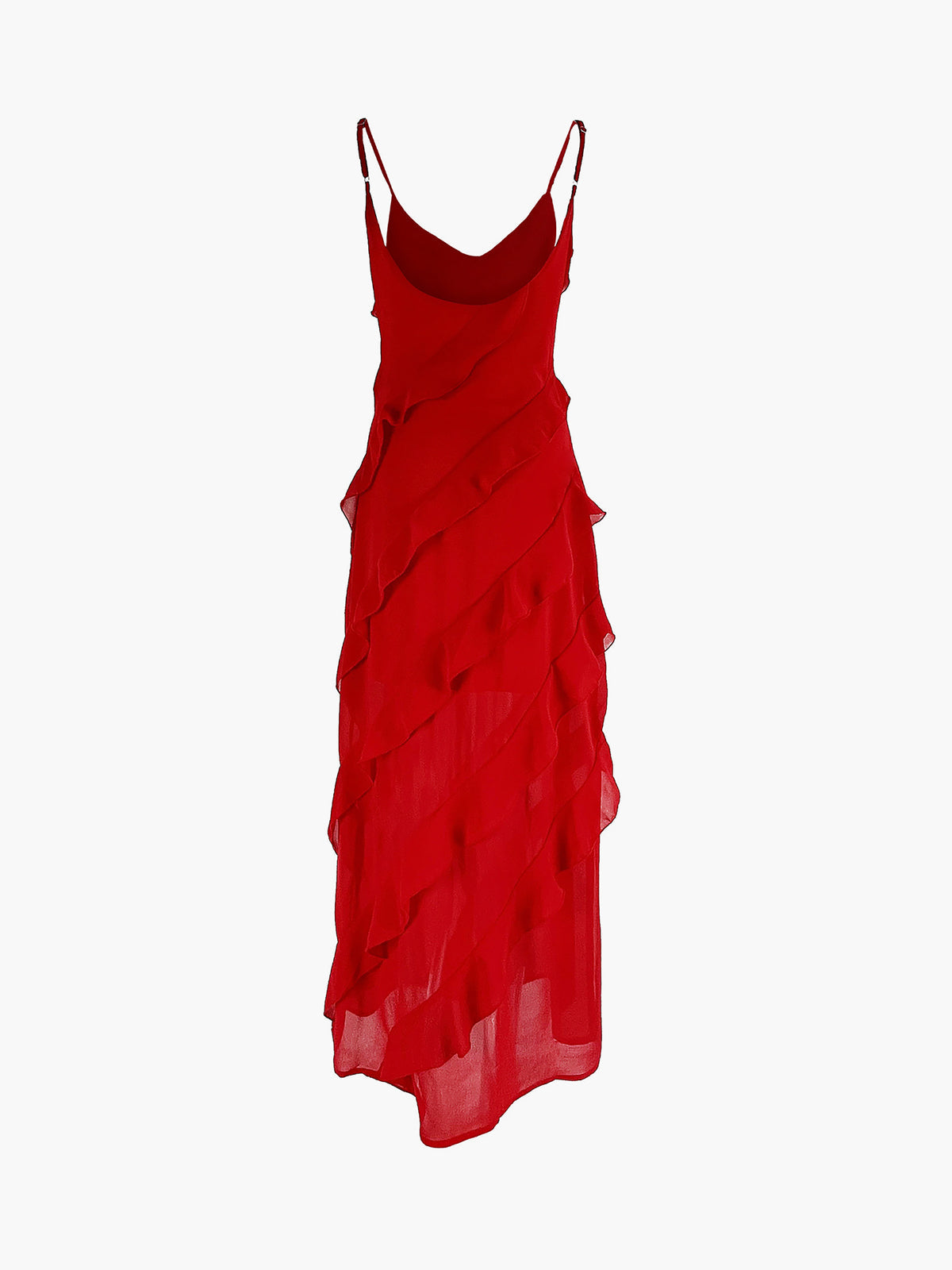 Semi-Sheer Ladder Ruffle Zippered Long Dress with Elegant Flowing Skirt