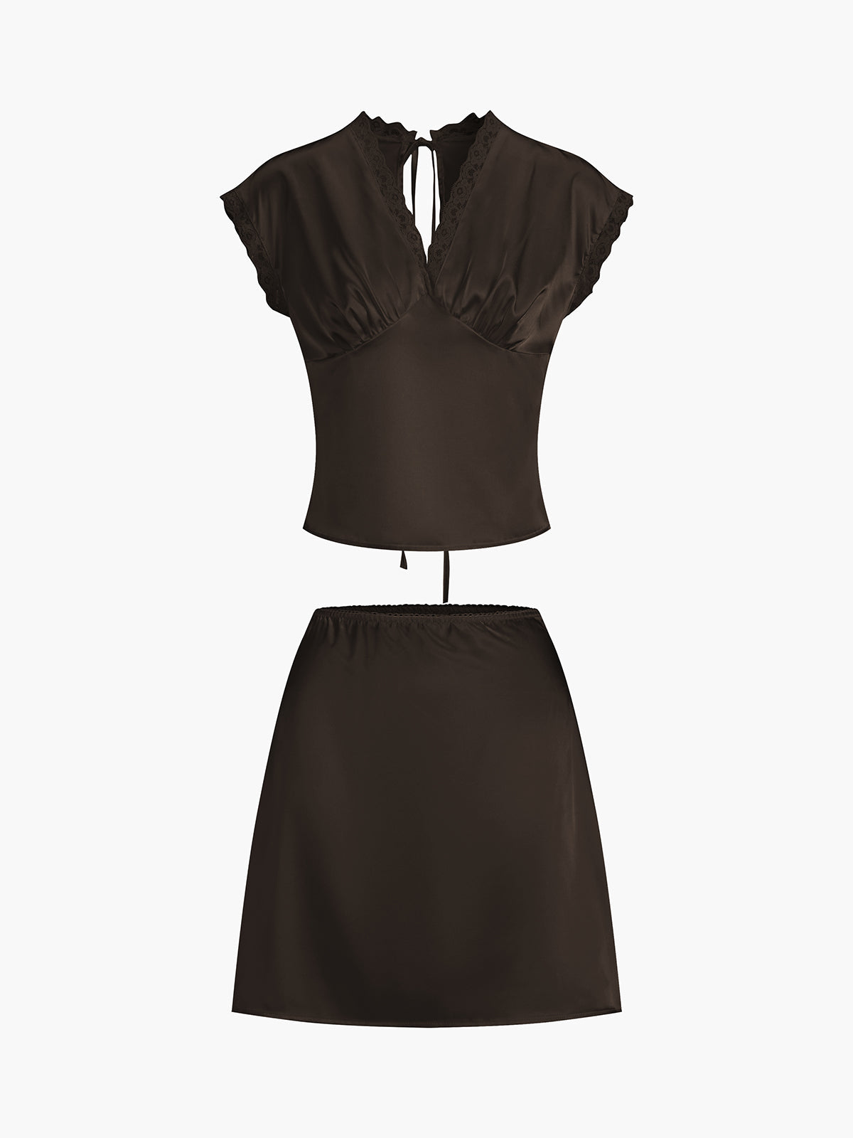 Lace Trim Satin Skirt Set with Matching Top for Women