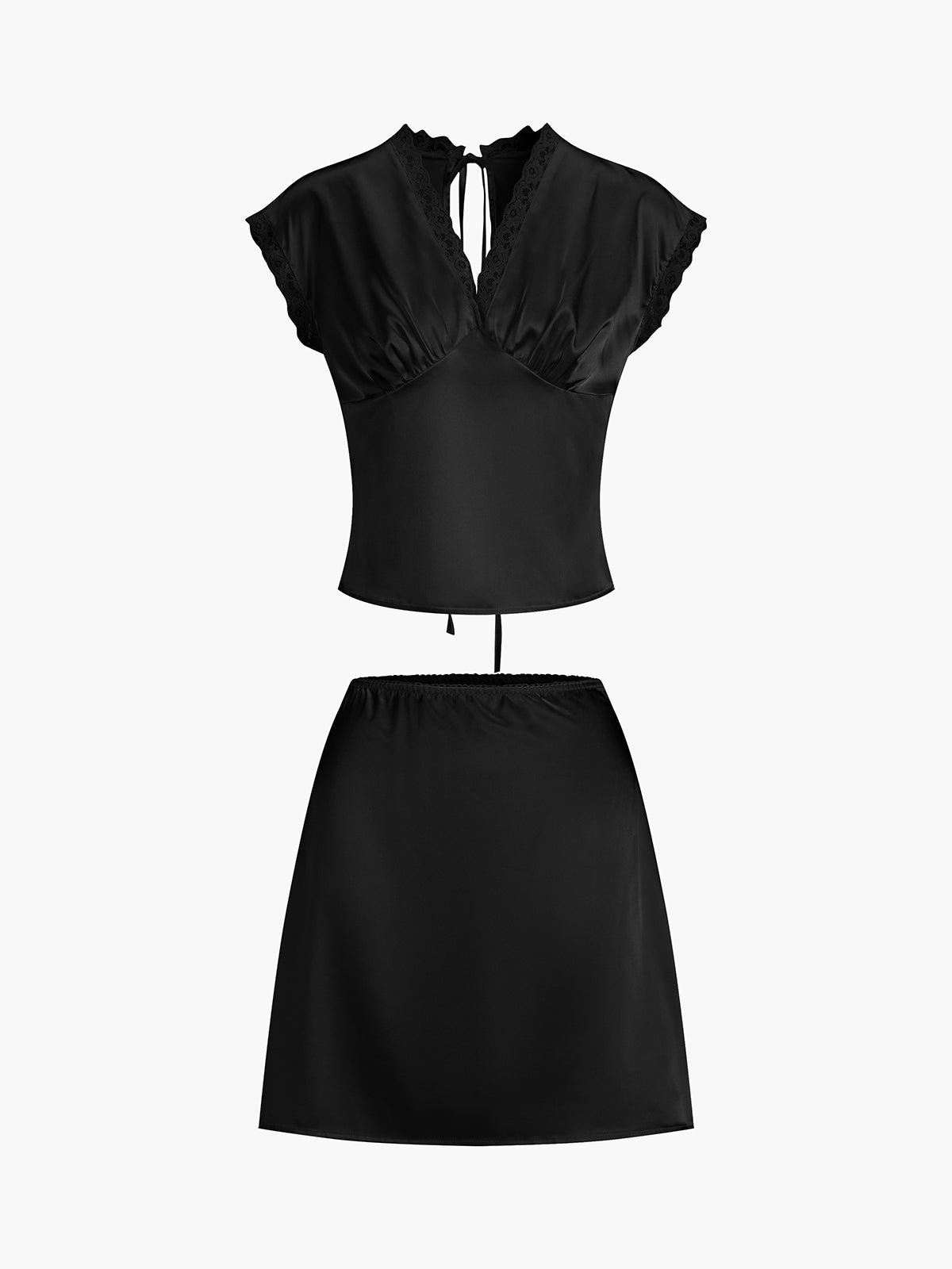 Lace Trim Satin Skirt Set with Matching Top for Women
