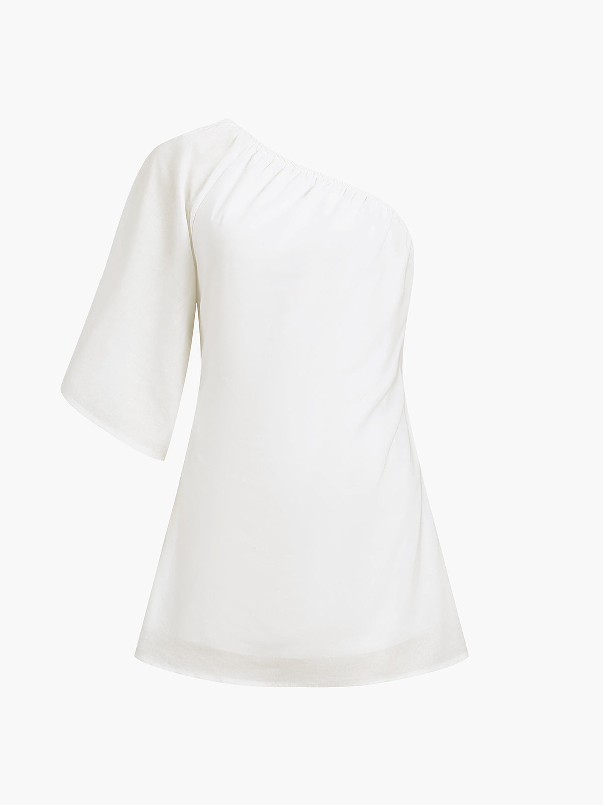Aegean Cotton Linen One Sleeve Short Dress with Side Zip Closure