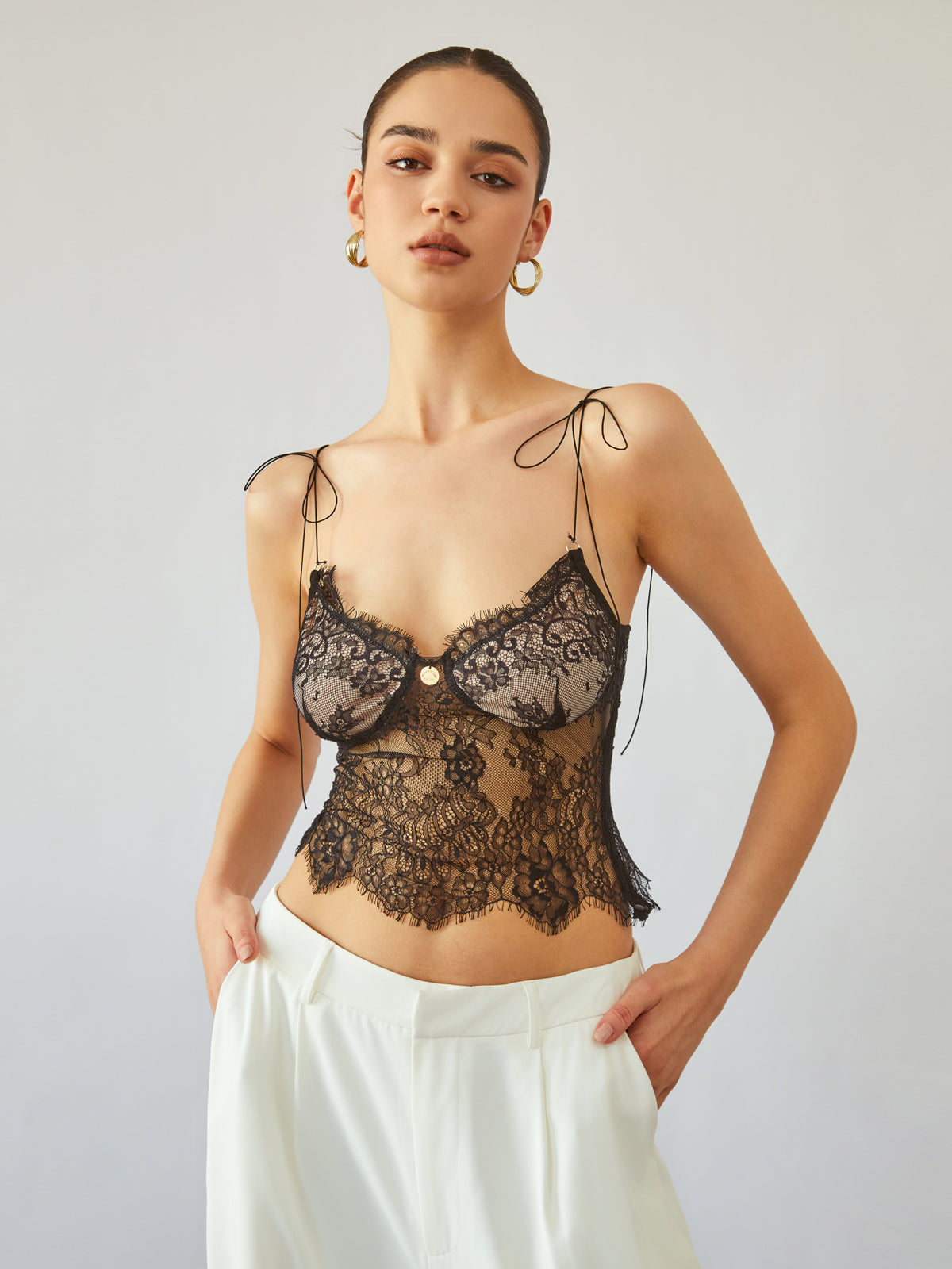Sheer Tie Shoulder Floral Lace Cami Crop Top for Women Summer Stylish