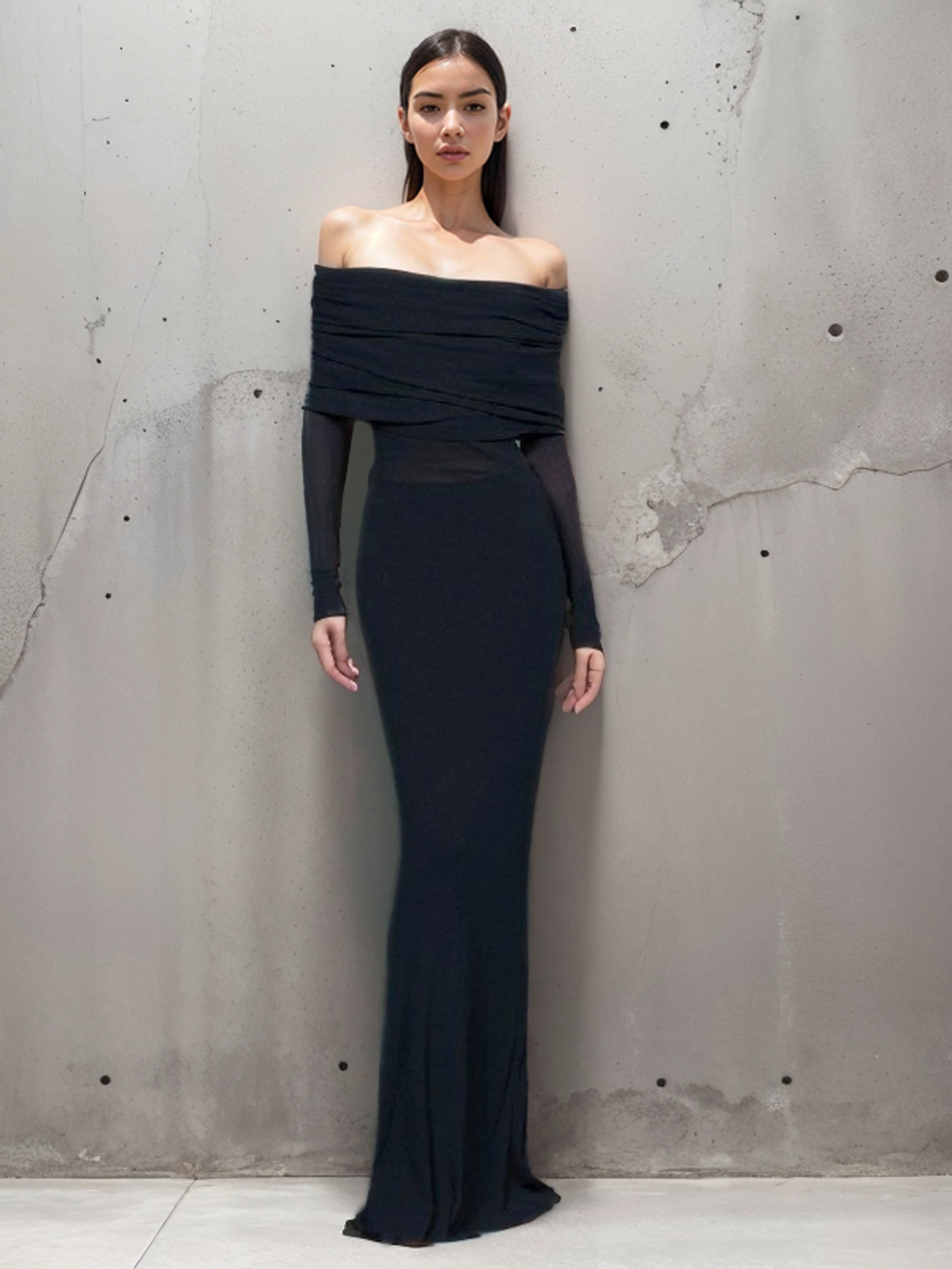 Semi-Sheer Off-Shoulder Mesh Long Sleeve Long Dress for Elegant Evening Wear