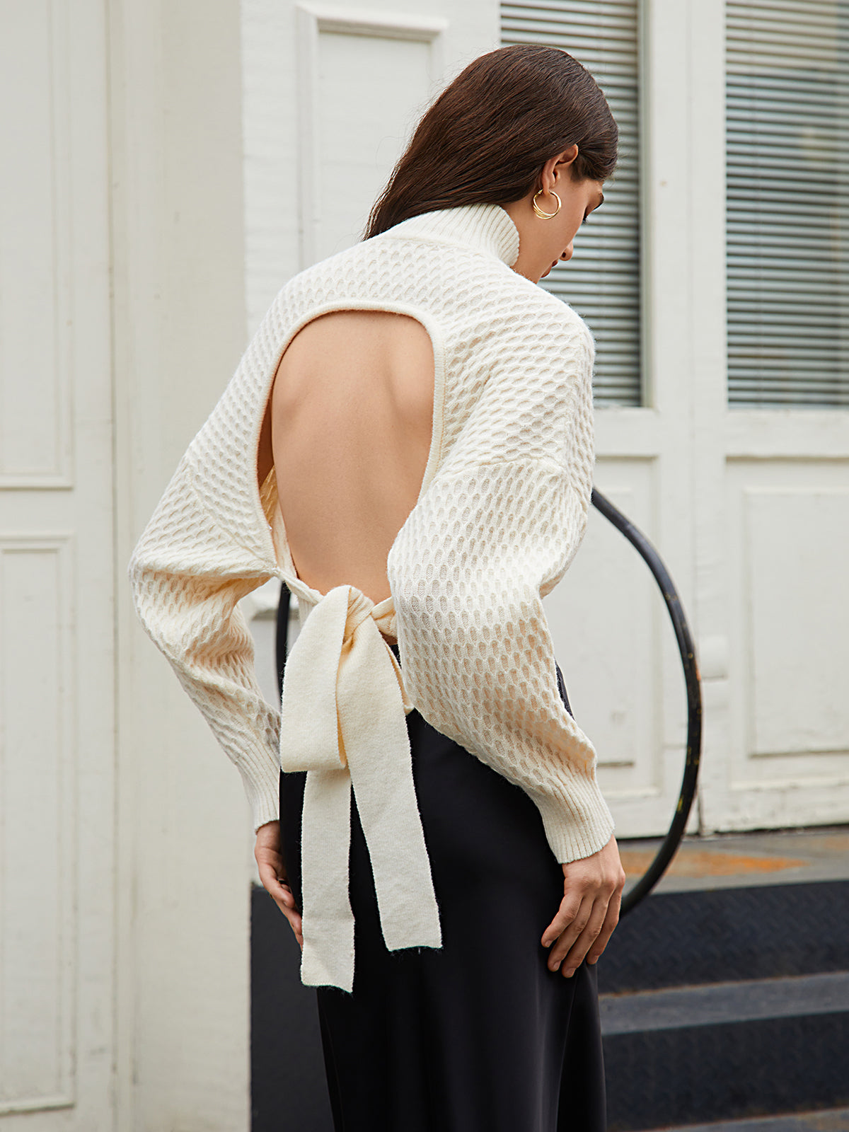 Tie Back Mock Neck Sweater Cozy Fall Winter Essential