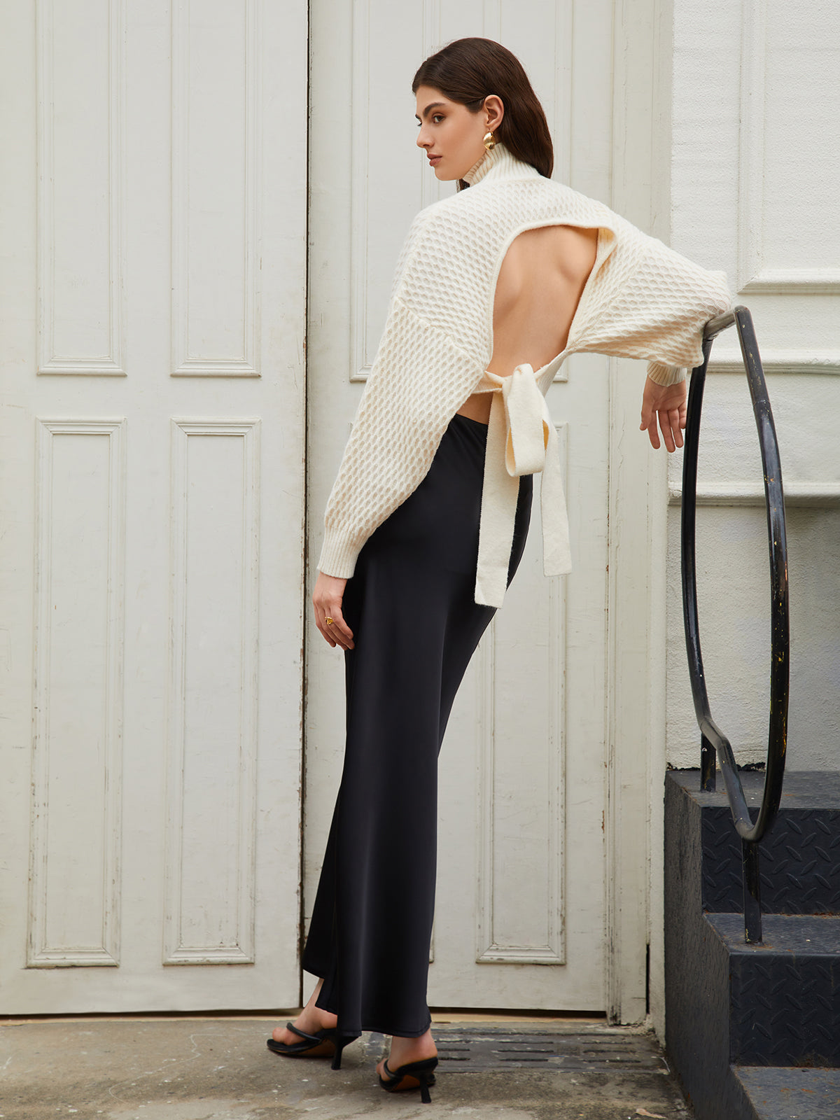 Tie Back Mock Neck Sweater Cozy Fall Winter Essential