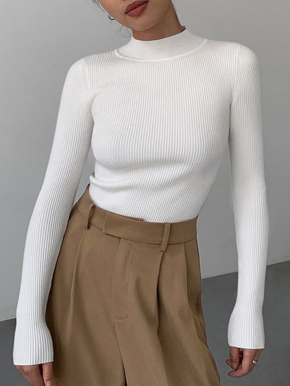 Mock Neck Rib Long Sleeve Knit Top Cozy Pullover Essential