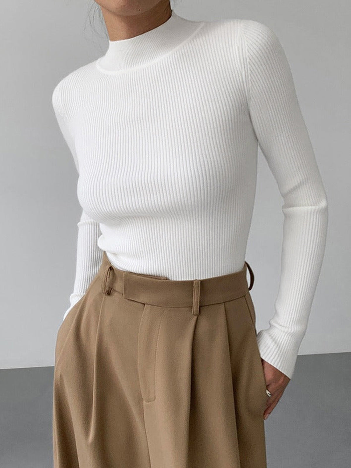 Mock Neck Rib Long Sleeve Knit Top Cozy Pullover Essential
