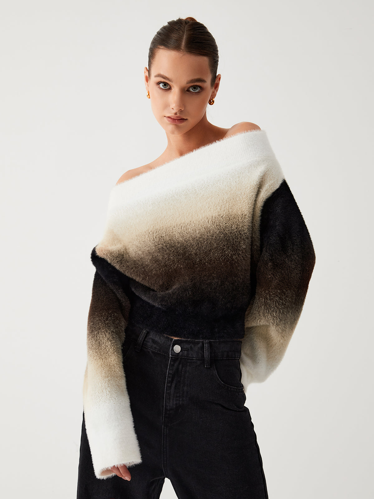 Dawn Ombre Fuzzy Off Shoulder Crop Sweater Cozy Winter Knitwear