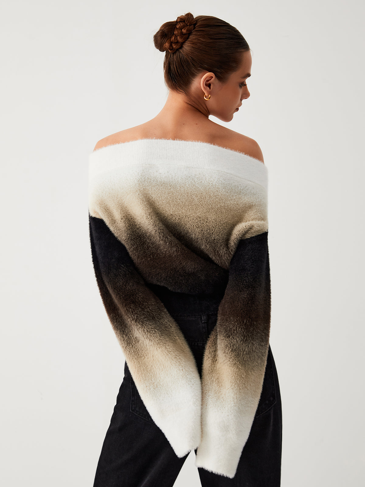 Dawn Ombre Fuzzy Off Shoulder Crop Sweater Cozy Winter Knitwear