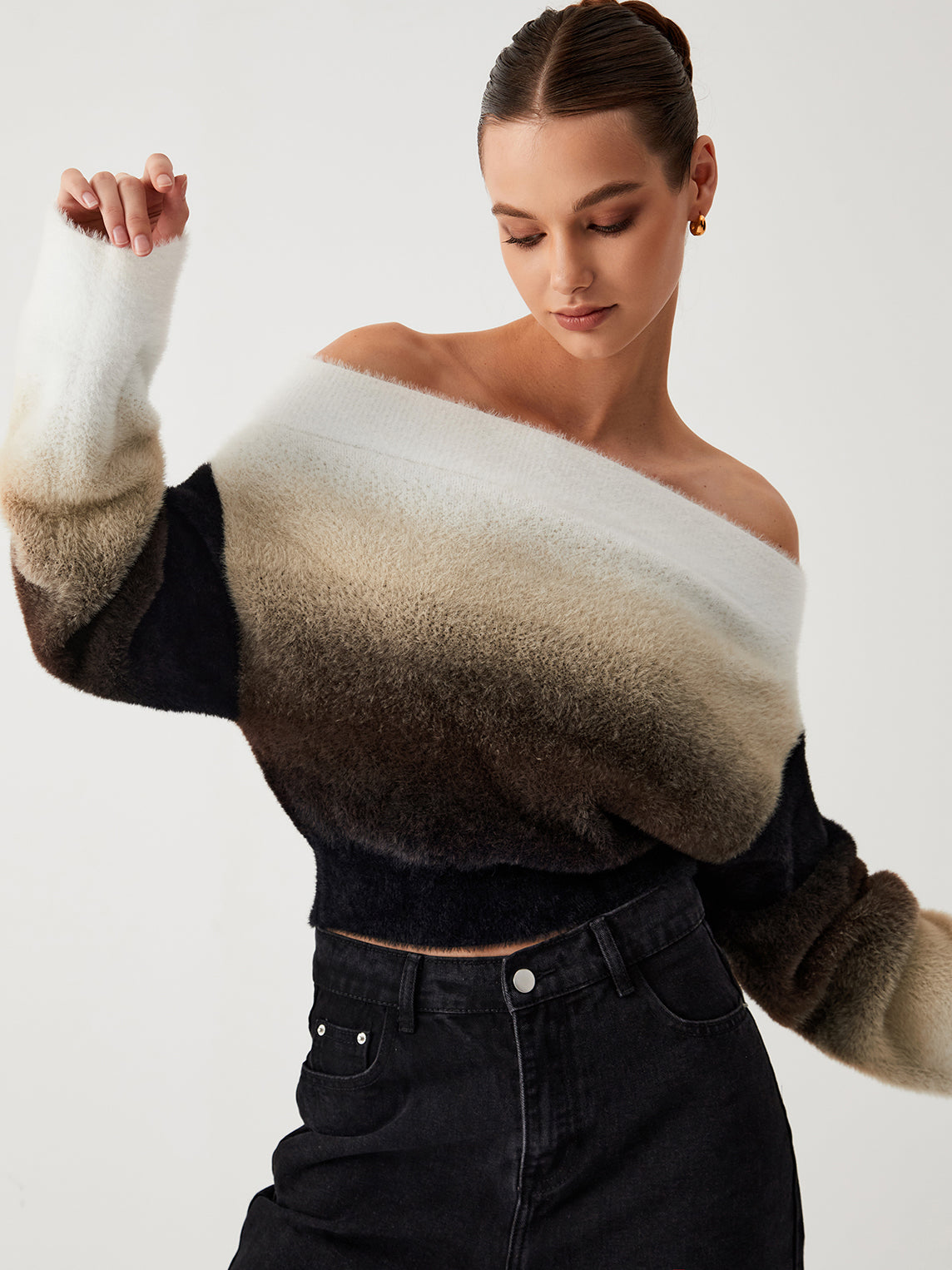 Dawn Ombre Fuzzy Off Shoulder Crop Sweater Cozy Winter Knitwear