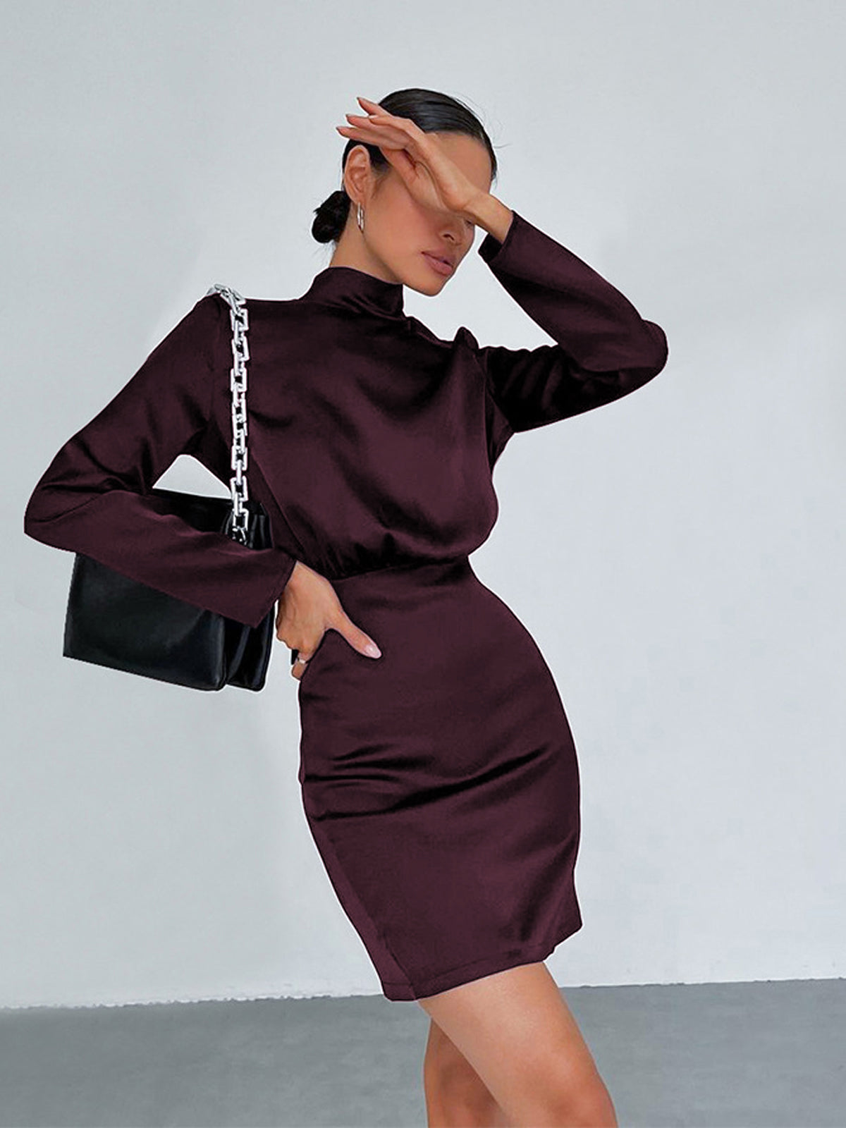 Satin Mock Neck Tie Back Short Dress for Evening Parties
