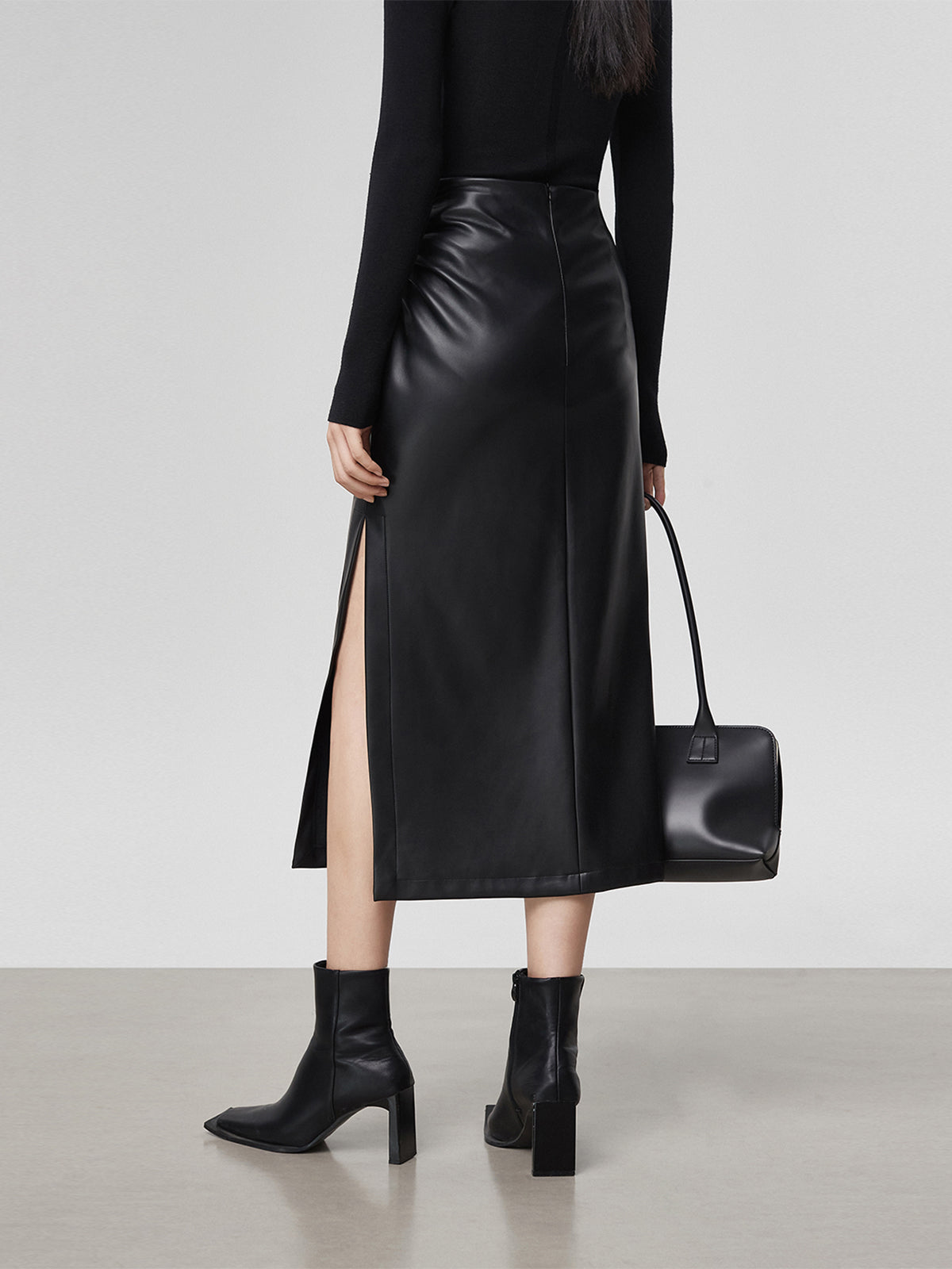 Faux Leather Ruched Slit Midi Skirt Women's Trendy Fashion