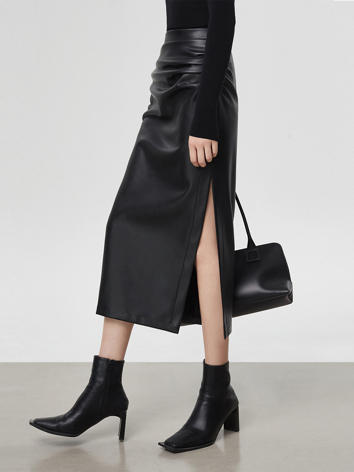 Faux Leather Ruched Slit Midi Skirt Women's Trendy Fashion