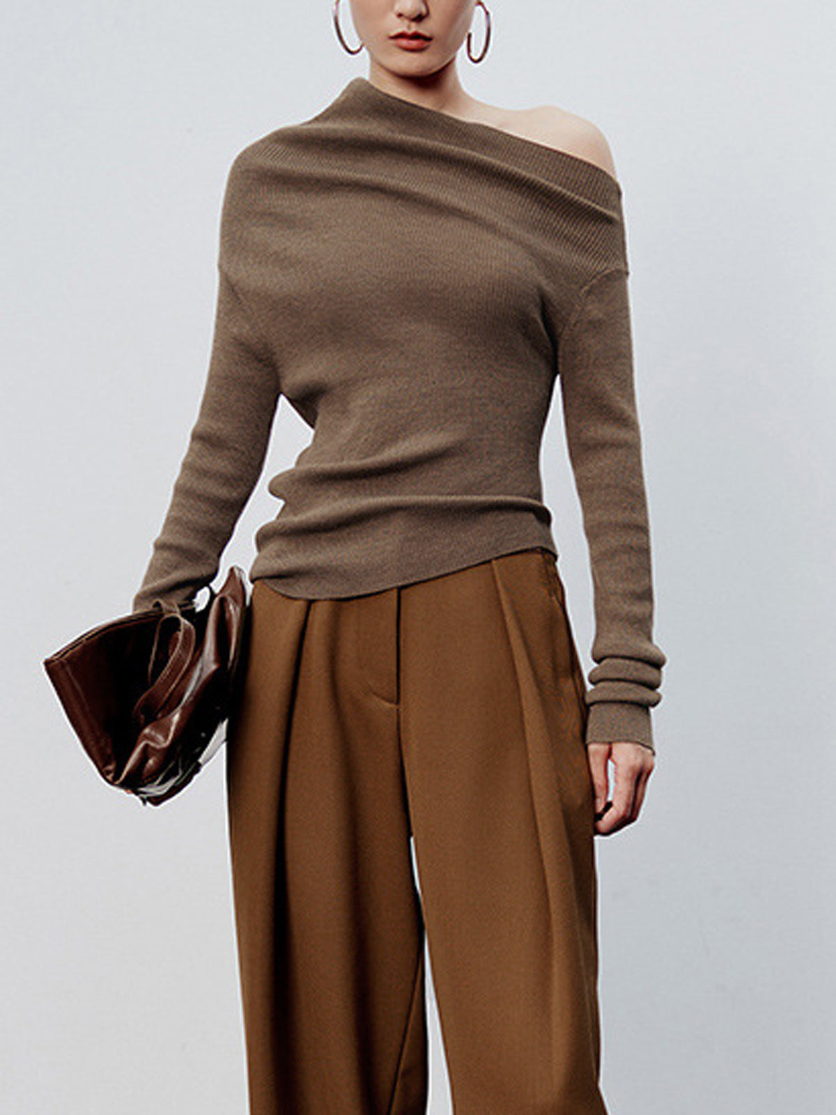Caramel Asymmetric Neckline Long Sleeve Knit Top for Women Casual Comfort