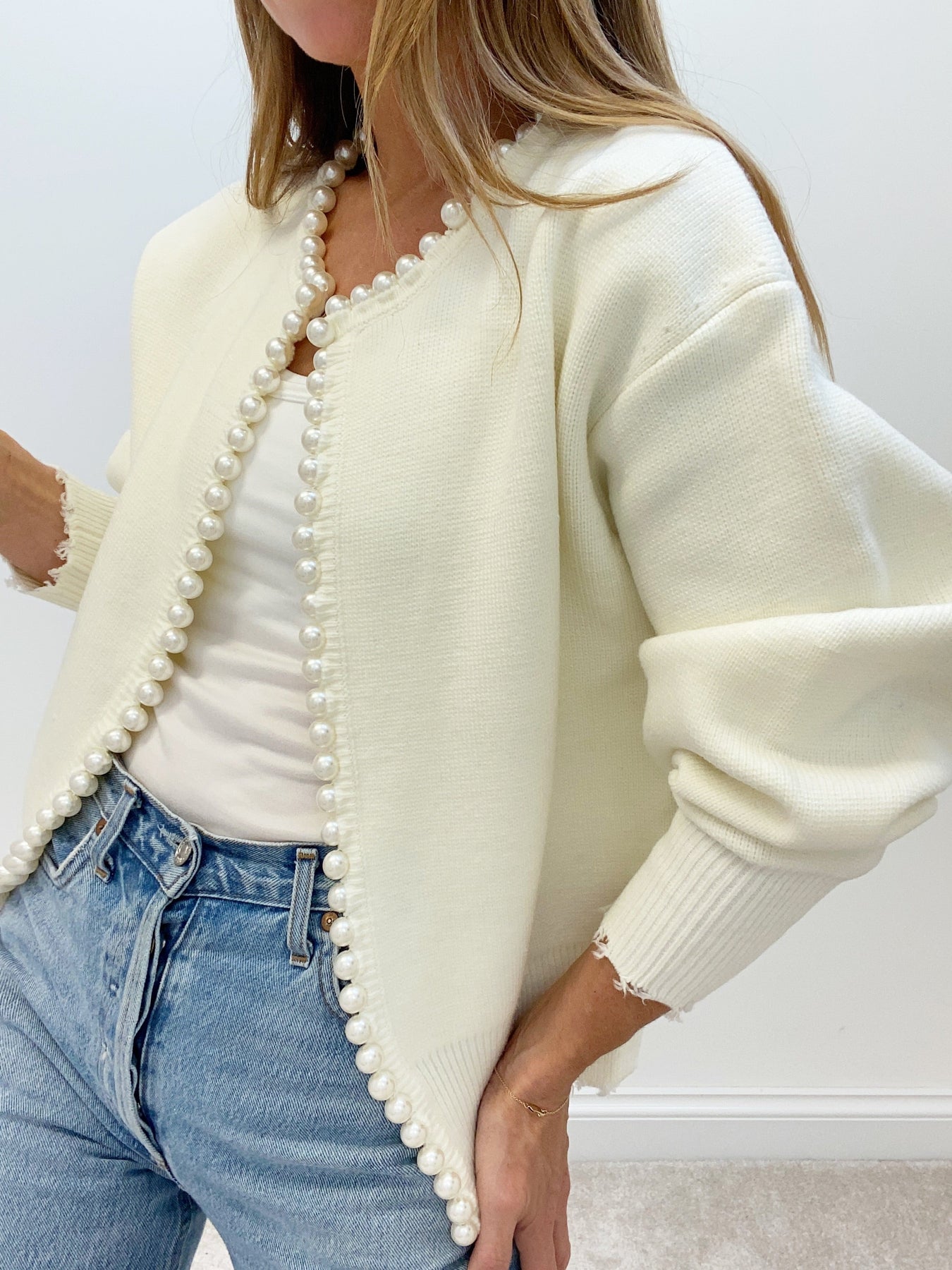 Pearl Trim Ripped Hem Cardigan Stylish Lightweight Spring Outerwear