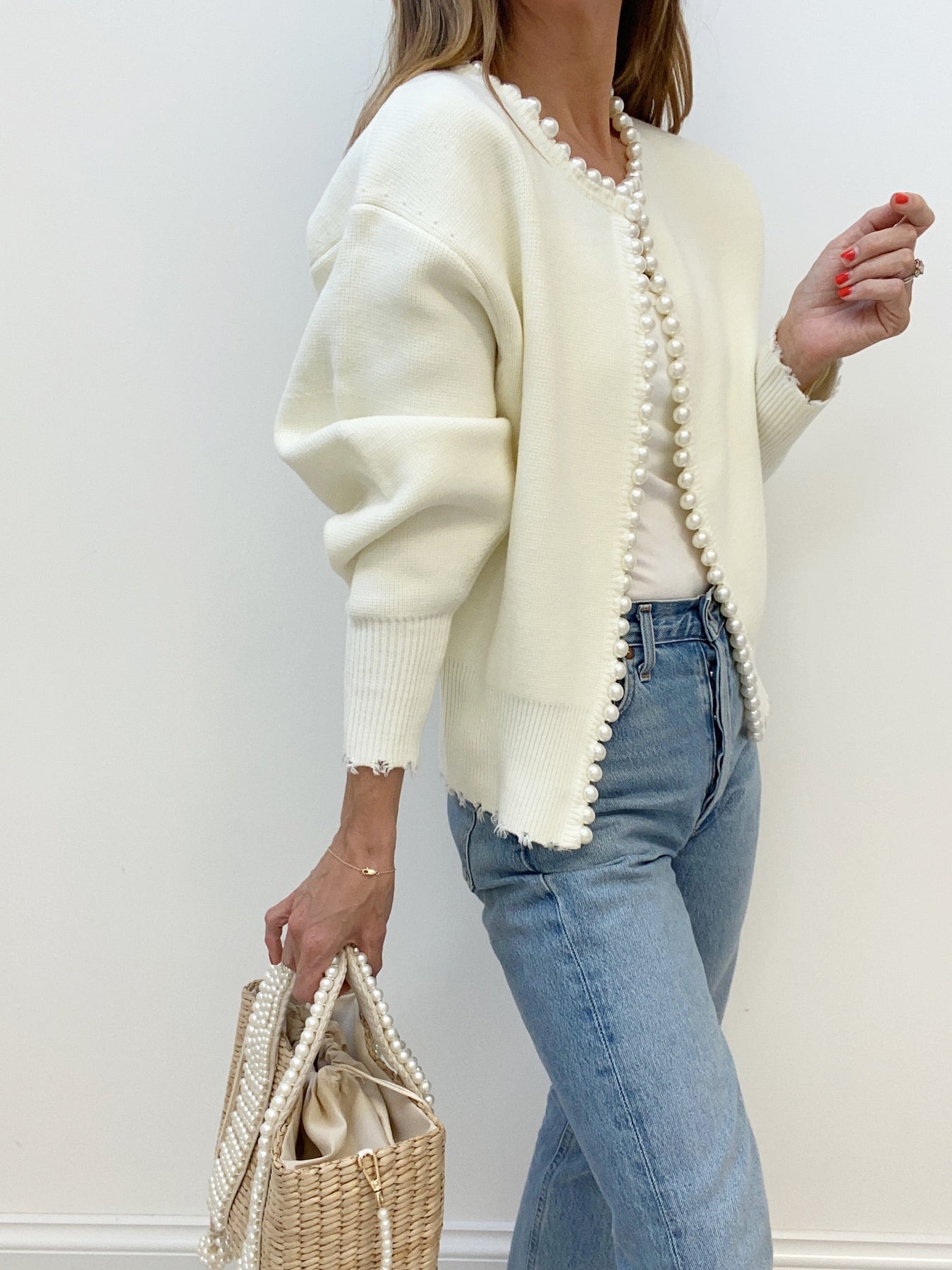 Pearl Trim Ripped Hem Cardigan Stylish Lightweight Spring Outerwear