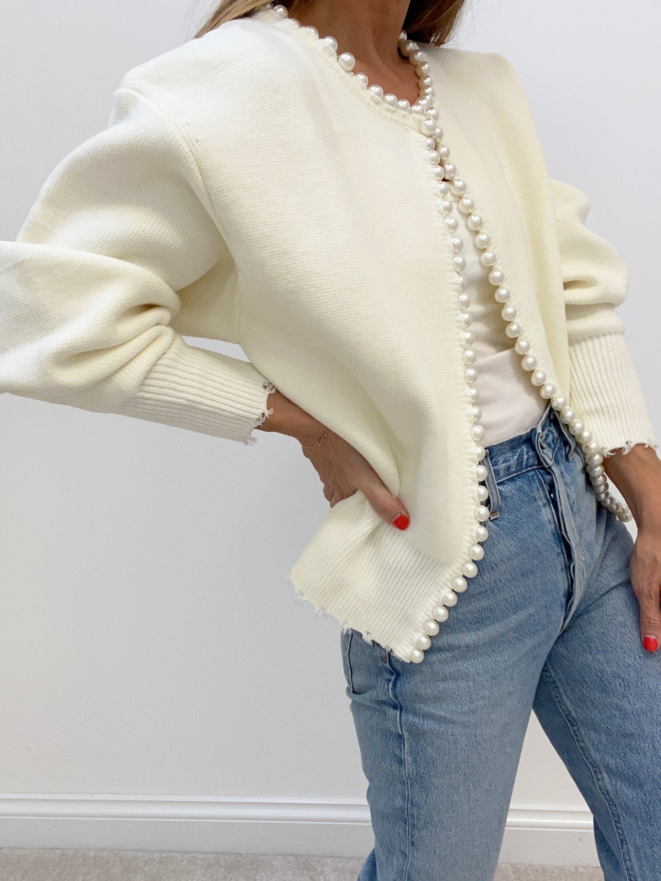 Pearl Trim Ripped Hem Cardigan Stylish Lightweight Layer