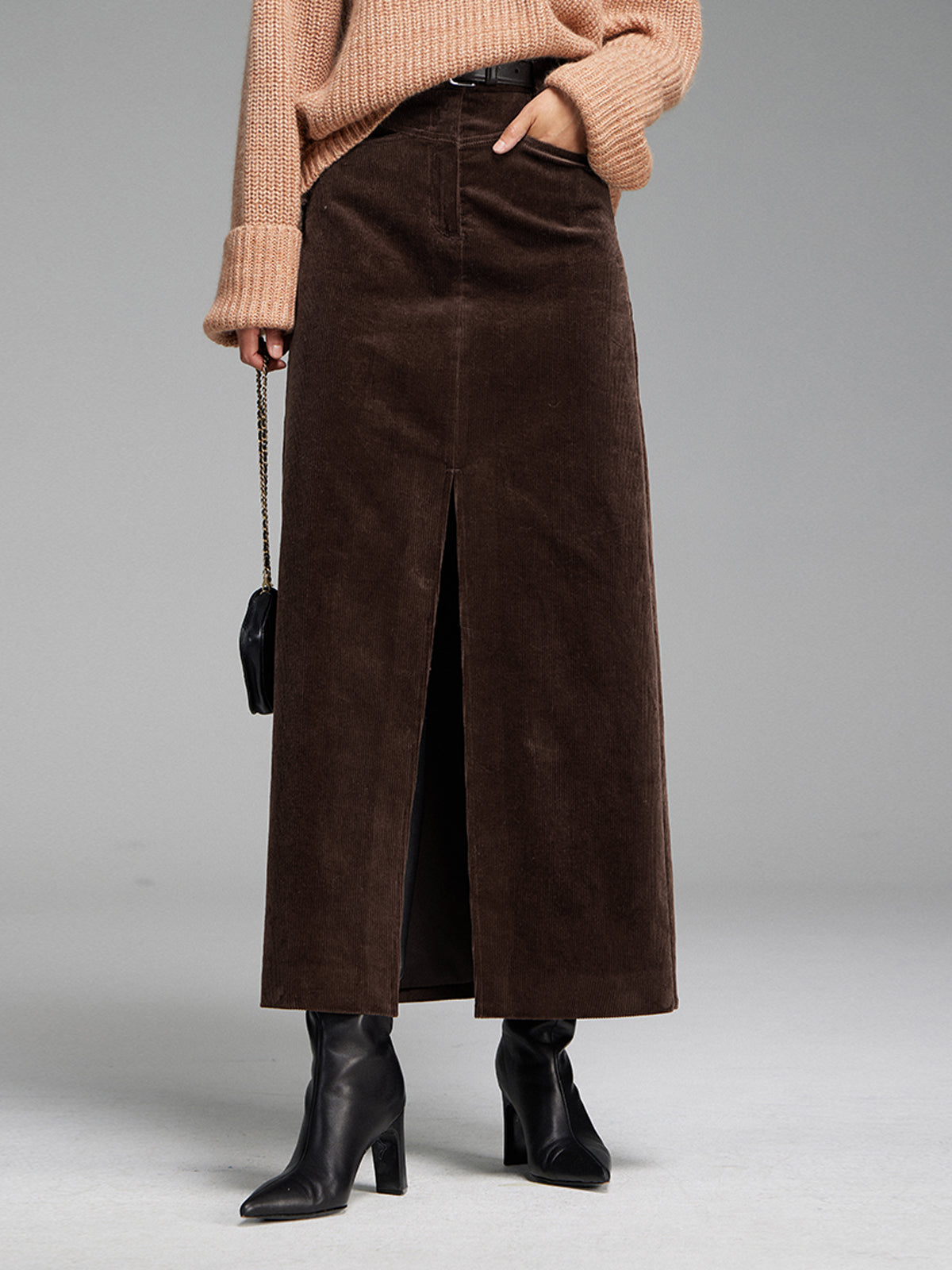 Pockets Corduroy Slit Maxi Skirt with Elastic Waistband Comfort Fit