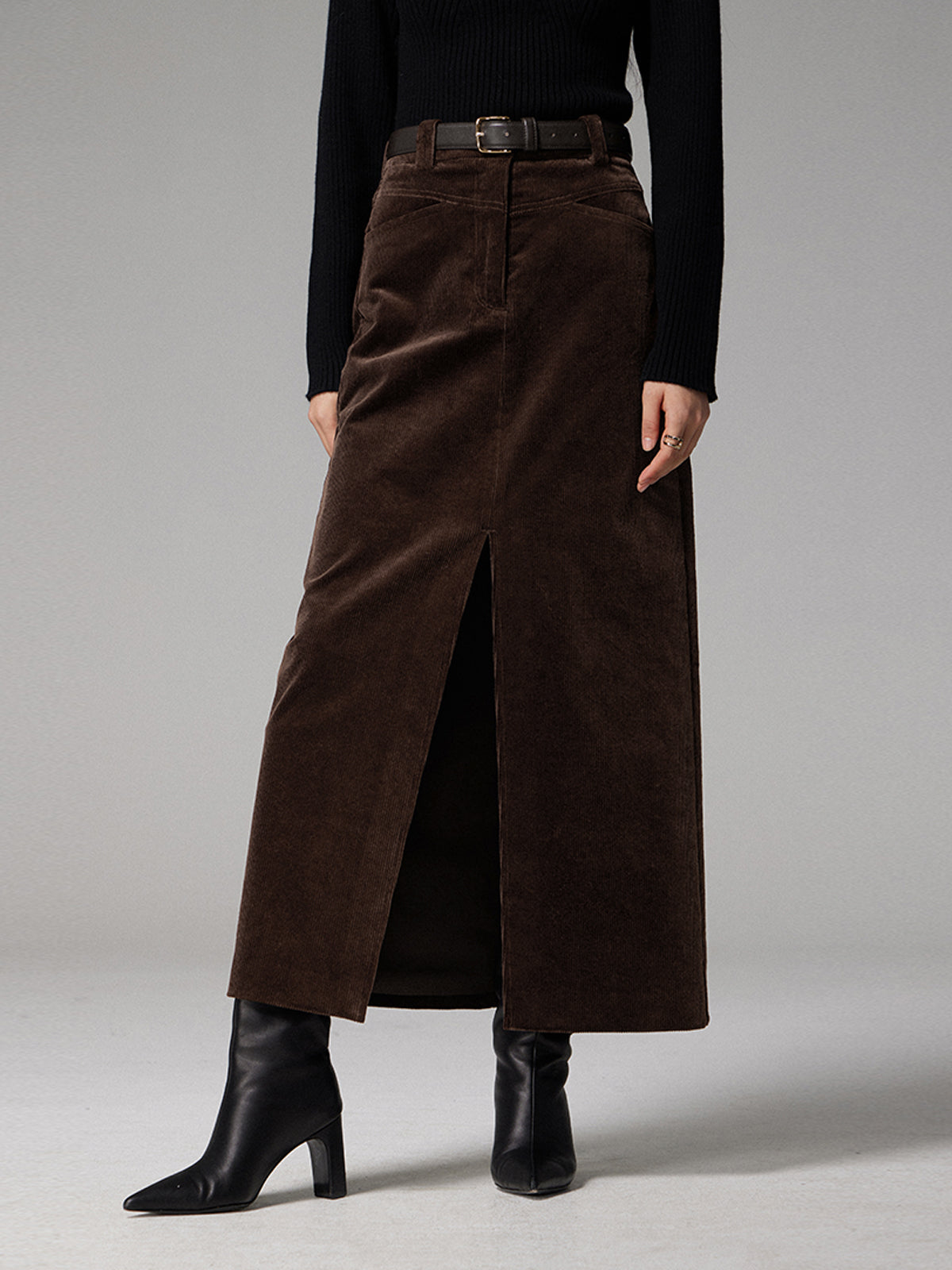 Pockets Corduroy Slit Maxi Skirt with Elastic Waistband Comfort Fit