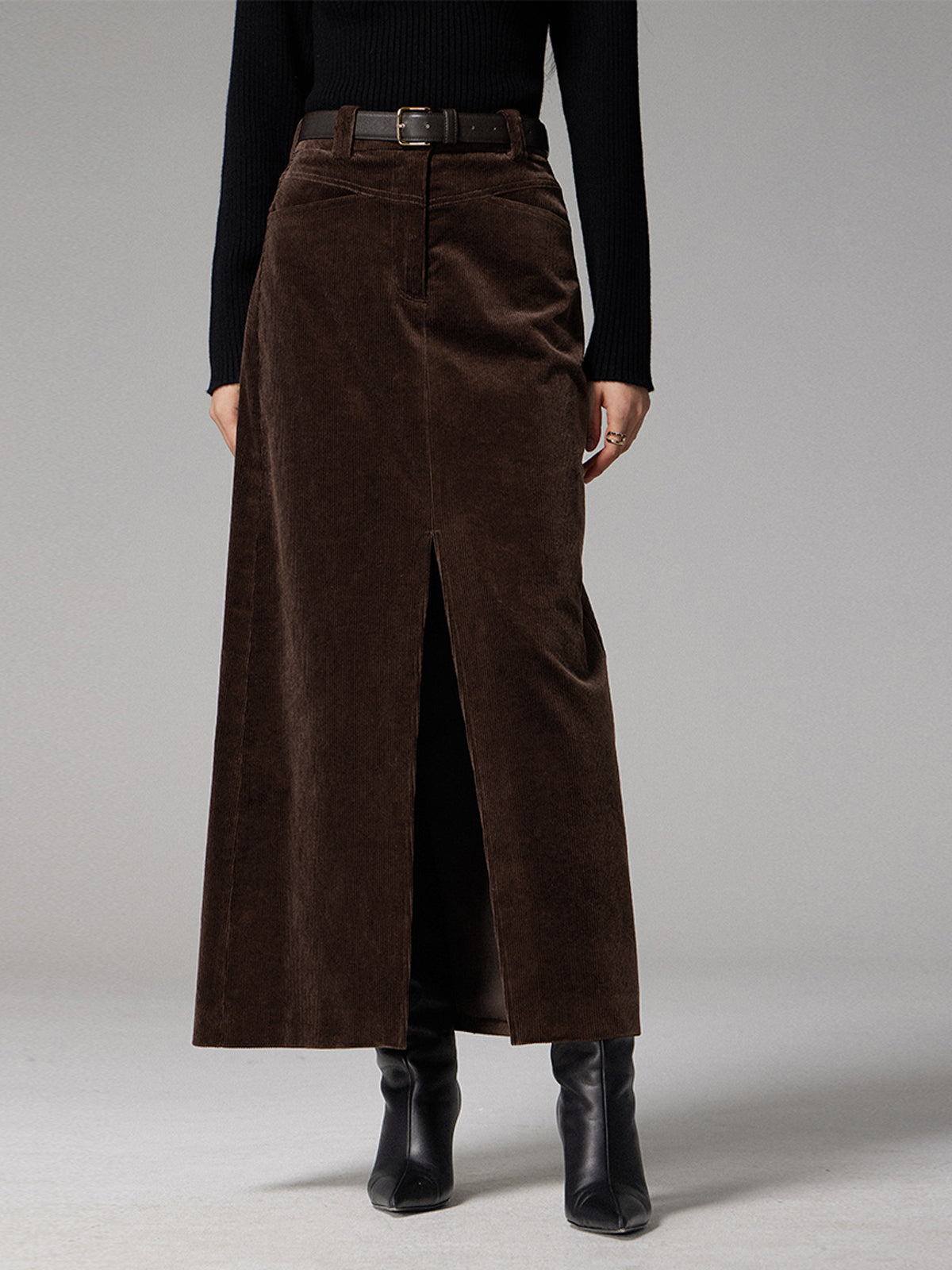 Pockets Corduroy Slit Maxi Skirt with Elastic Waistband Comfort Fit