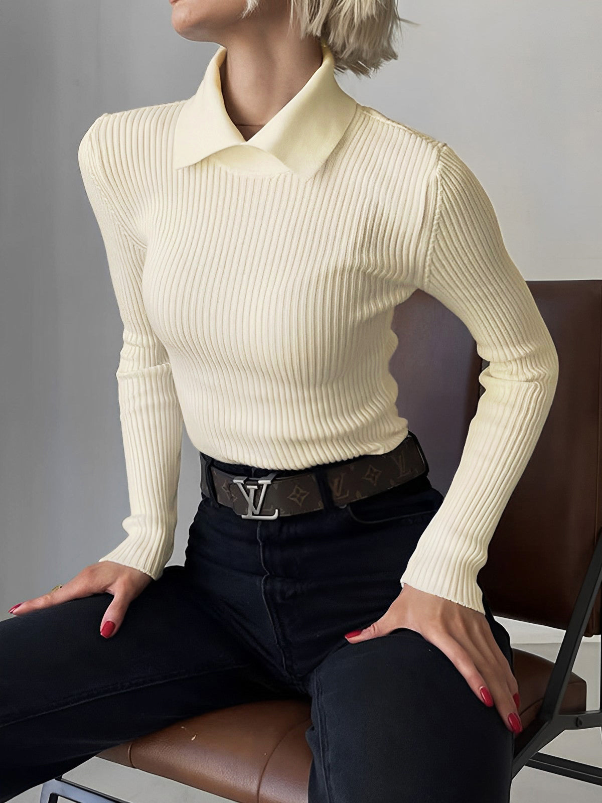 Vanilla Polo Long Sleeve Knit Top Comfortable Casual Wear