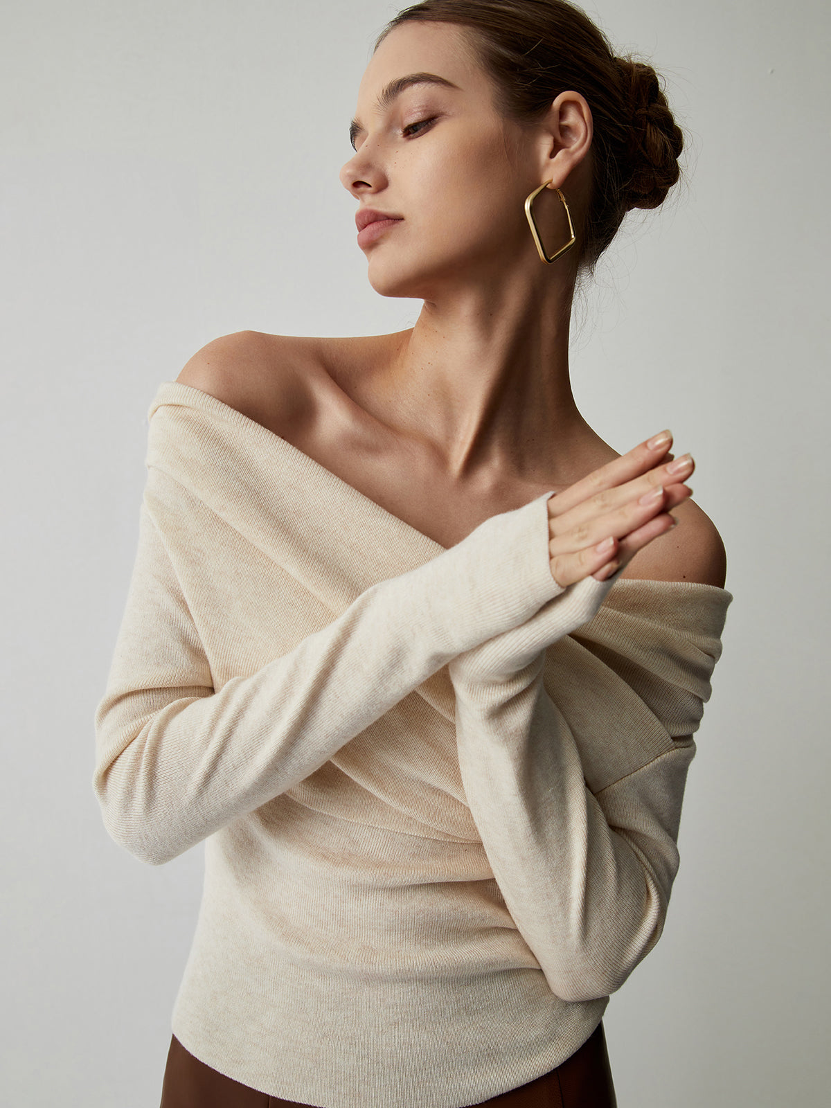 Off Shoulder Wrap Long Sleeve Knit Top Cozy Fall Fashion Essential