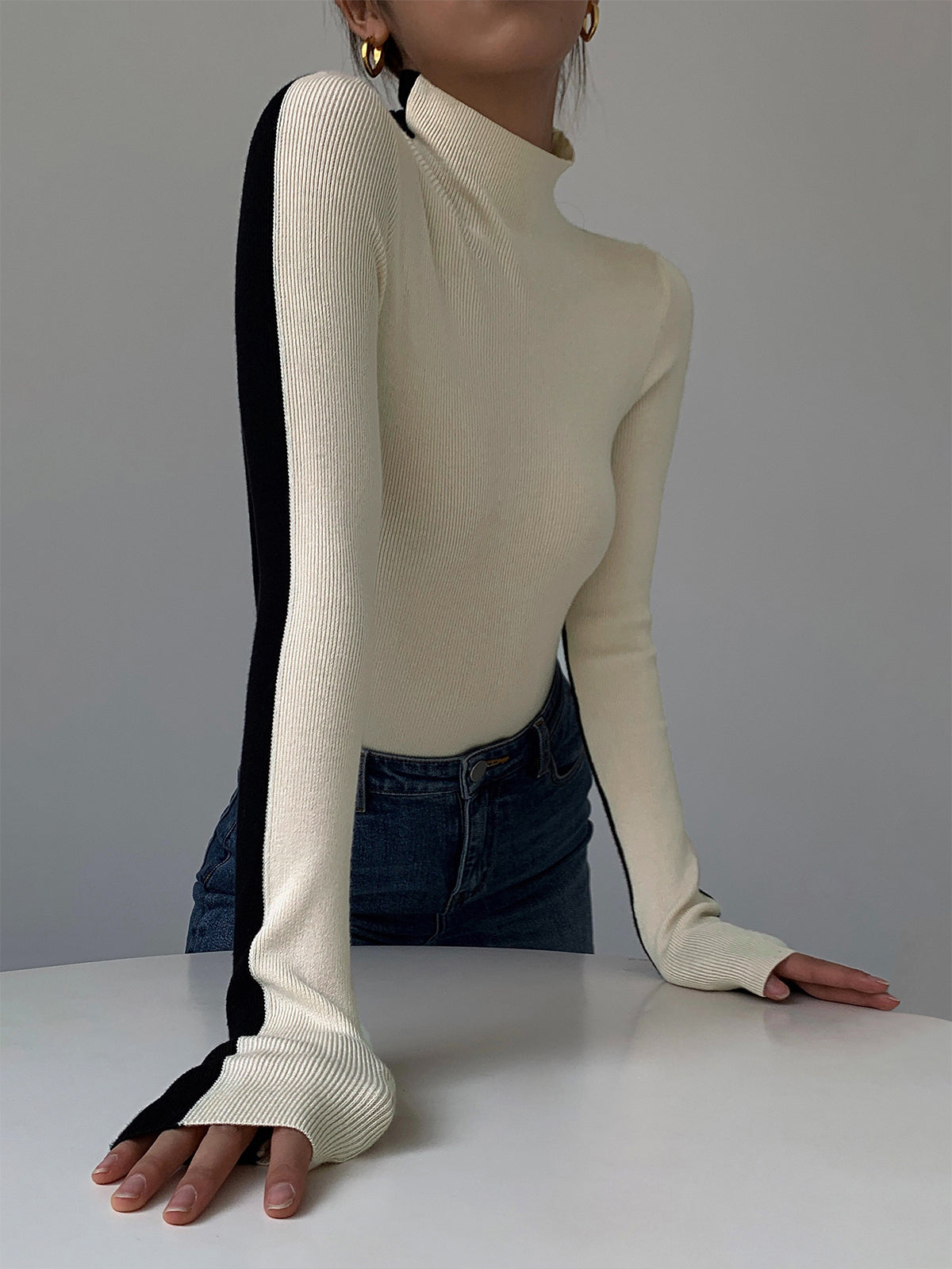 Two Tone Double Sided Long Sleeve Knit Top Women's Casual Layering