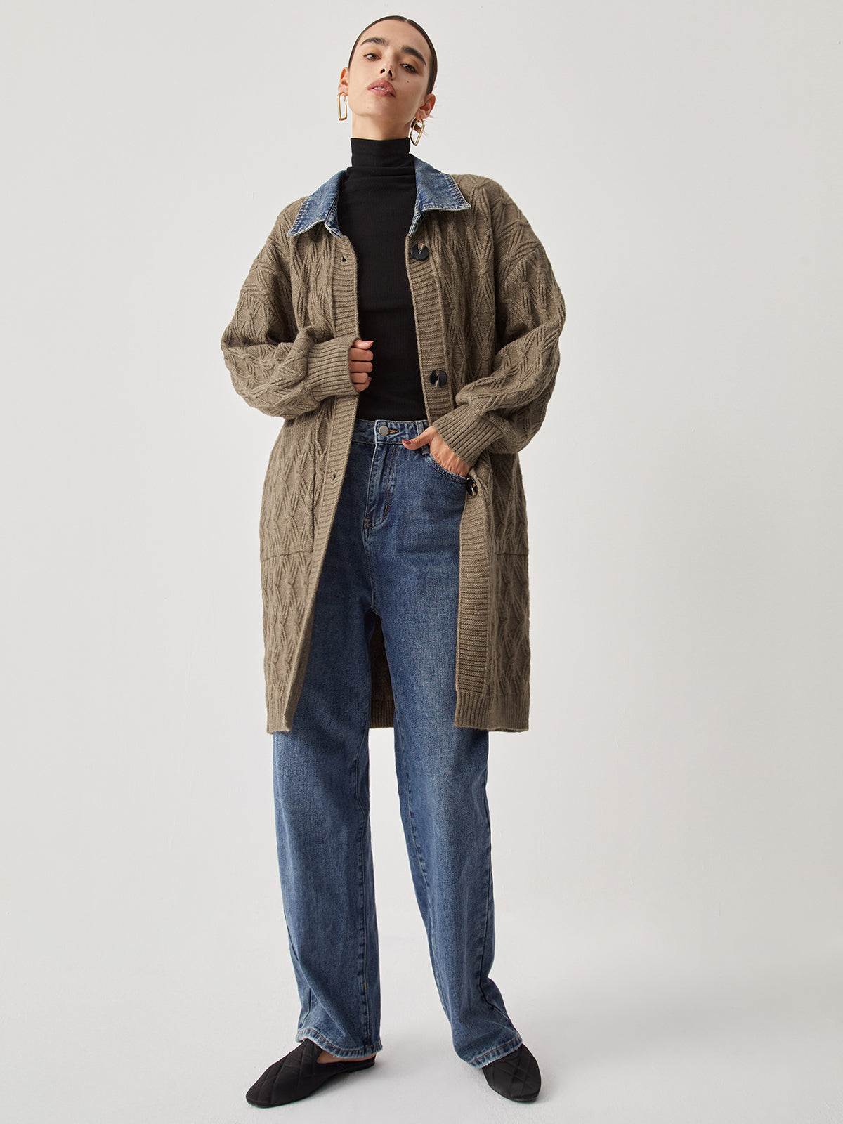 Diamond Stitch Knitting Longline Cardigan with Button Closure