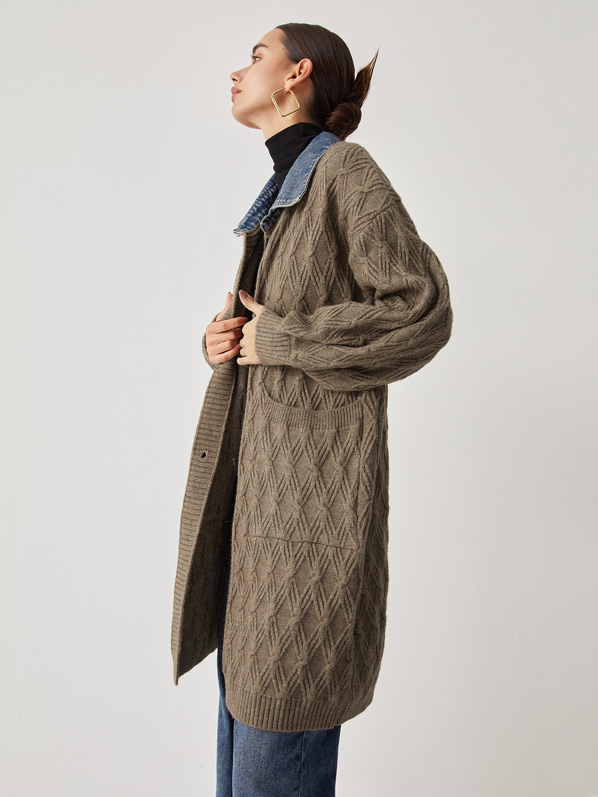 Diamond Stitch Knitting Longline Cardigan with Button Closure