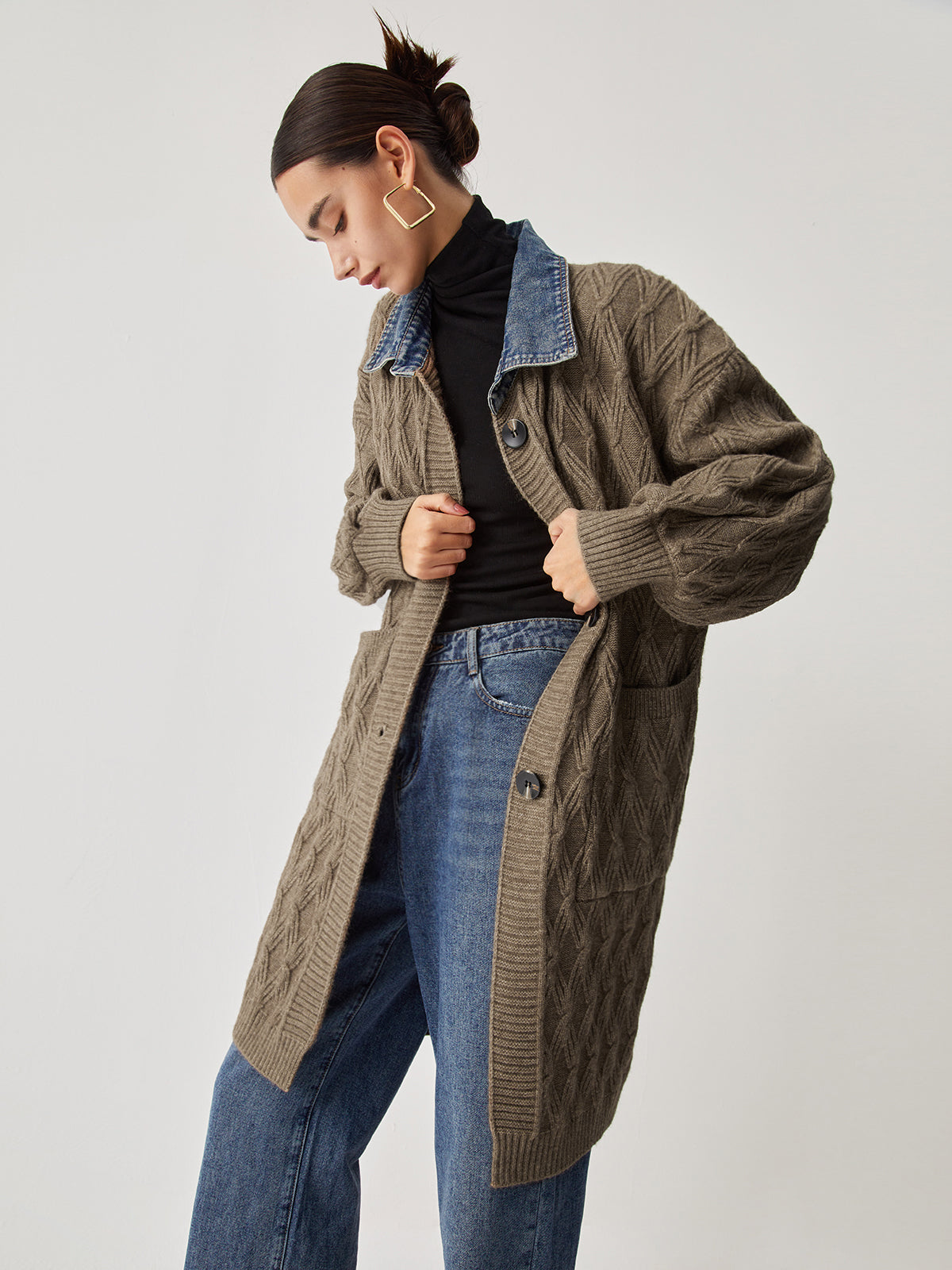 Diamond Stitch Knitting Longline Cardigan with Button Closure