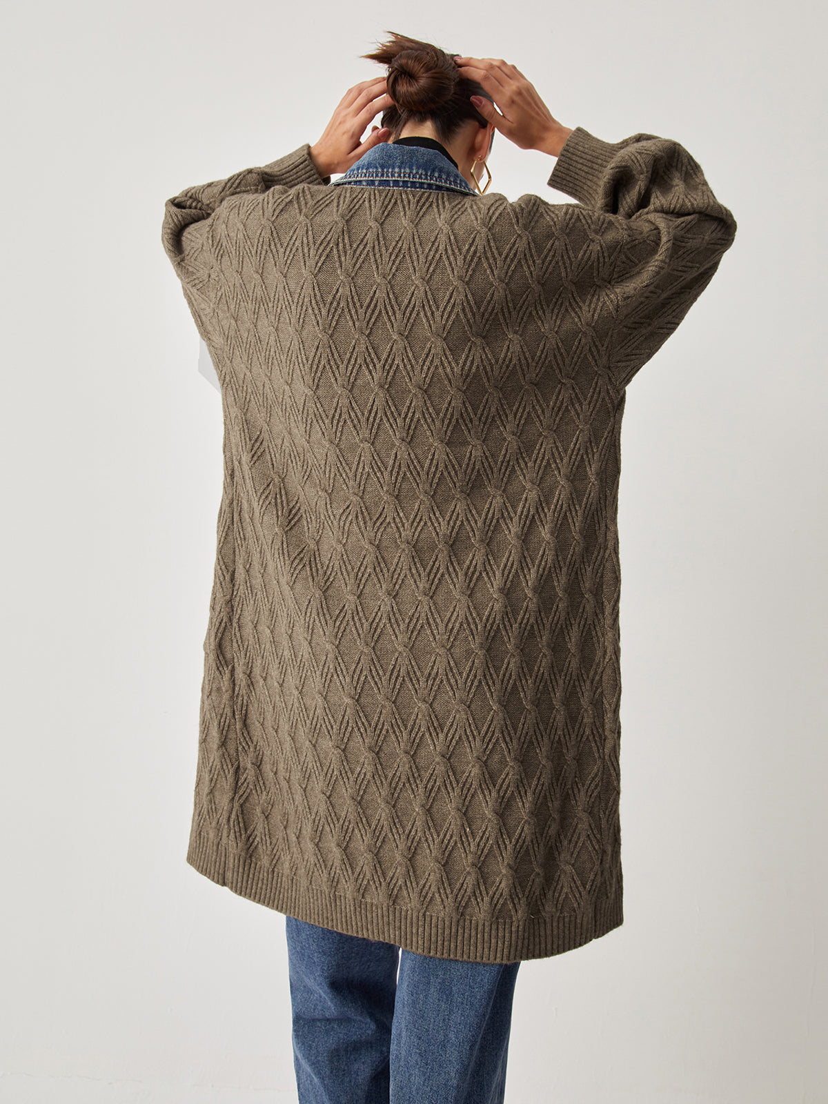 Diamond Stitch Knitting Longline Cardigan with Button Closure