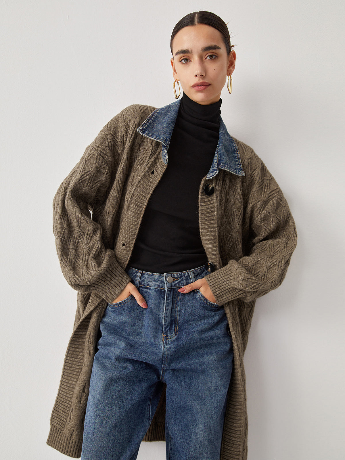 Diamond Stitch Knitting Longline Cardigan with Button Closure