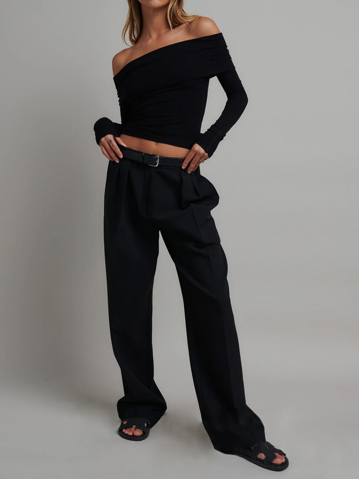 Off Shoulder Overfold Long Sleeve Crop Shirt for Women, Casual Fashion Top