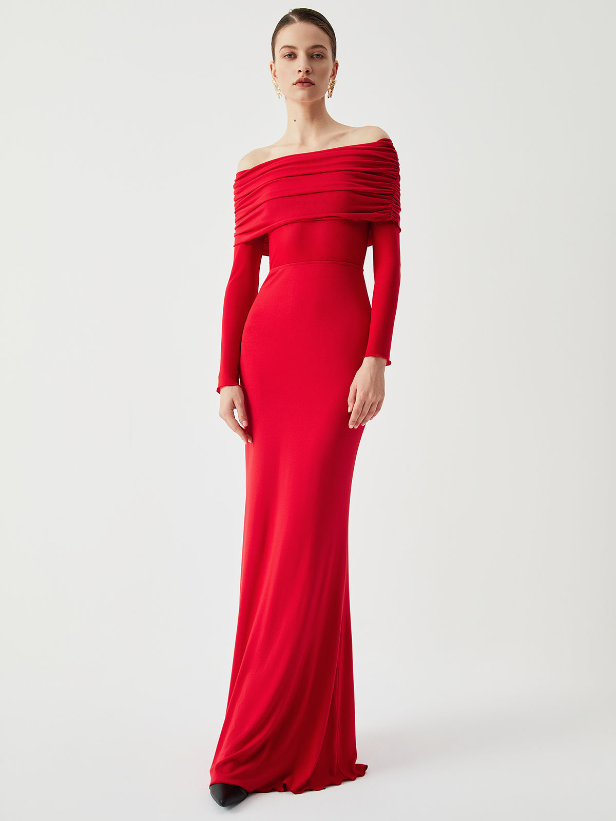 Semi-Sheer Off-Shoulder Mesh Long Sleeve Long Dress for Elegant Evening Wear