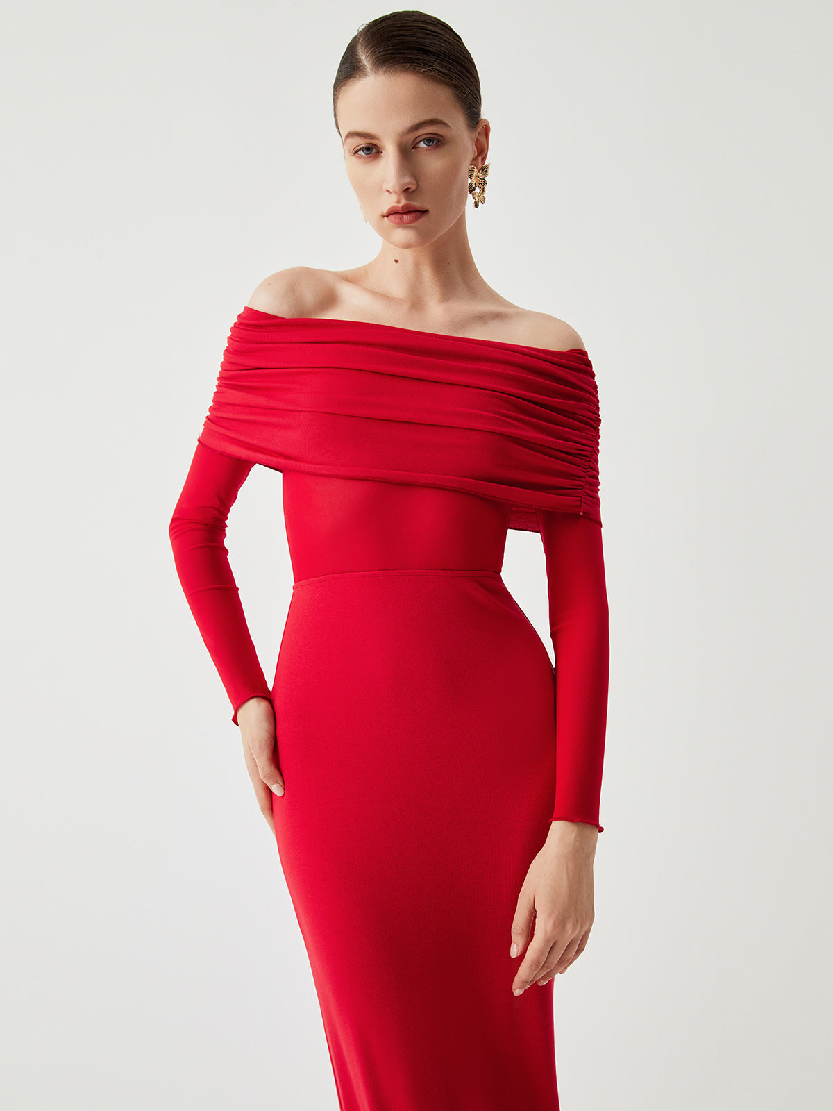 Semi-Sheer Off-Shoulder Mesh Long Sleeve Long Dress for Elegant Evening Wear