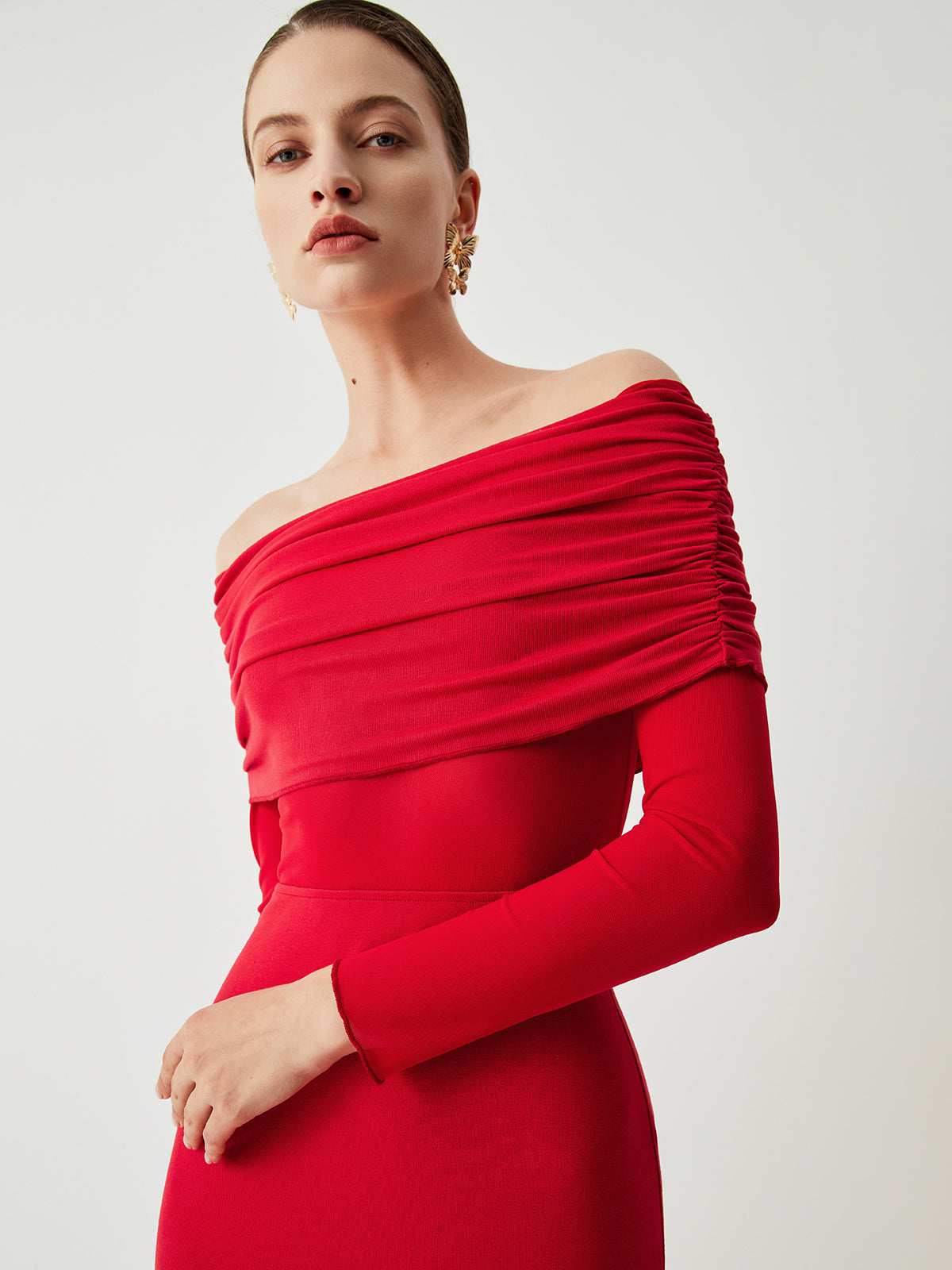 Semi-Sheer Off-Shoulder Mesh Long Sleeve Long Dress for Elegant Evening Wear