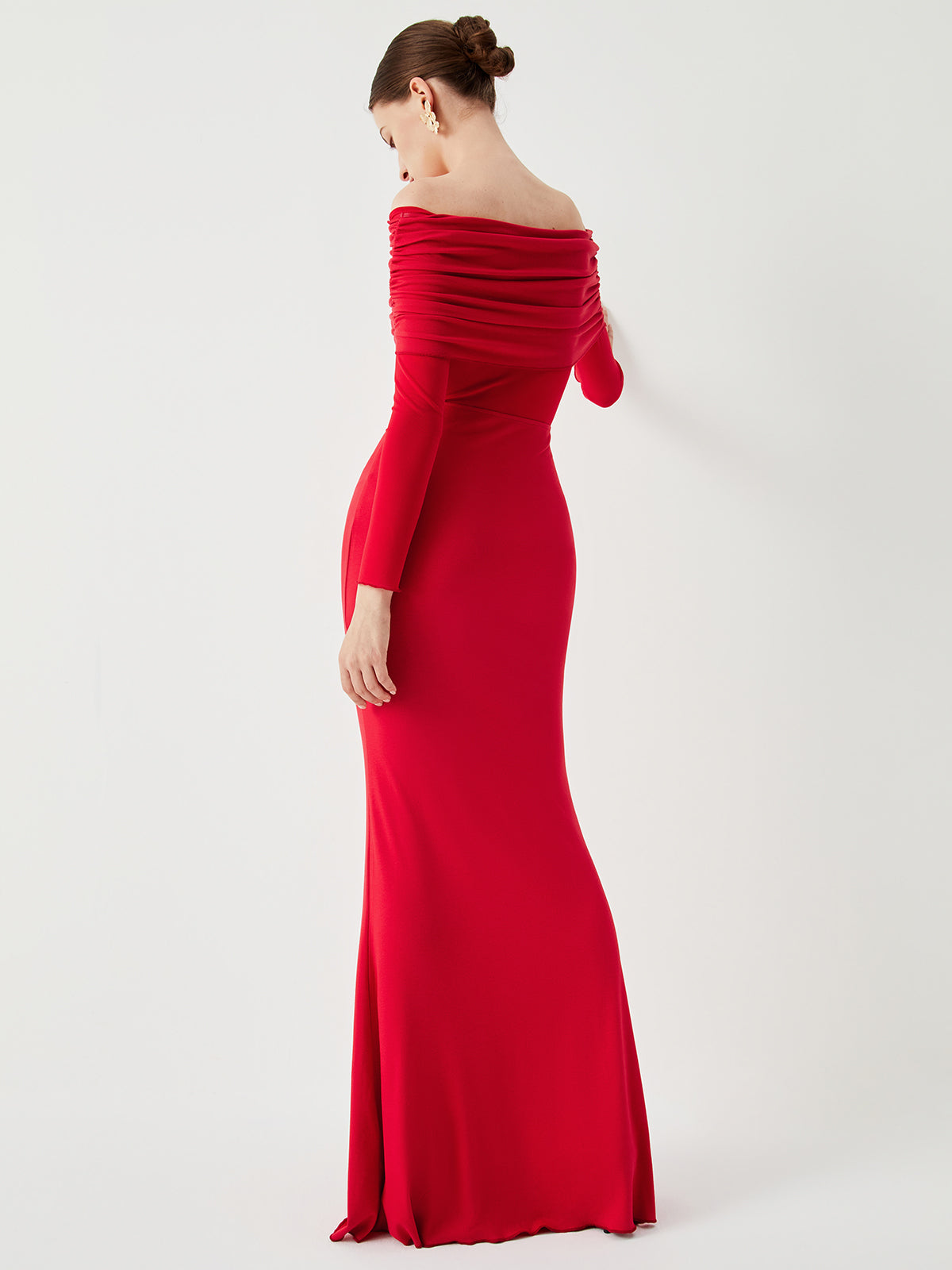 Semi-Sheer Off-Shoulder Mesh Long Sleeve Long Dress for Elegant Evening Wear