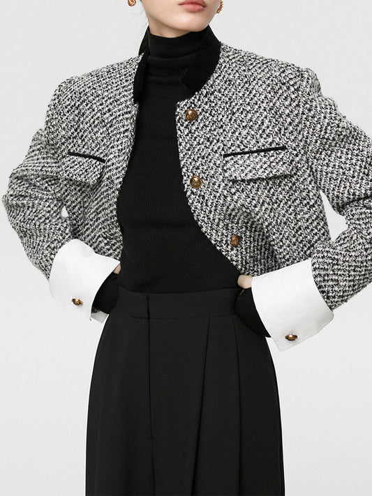 Tweed Boucle Crop Blazer for Women with Button Details