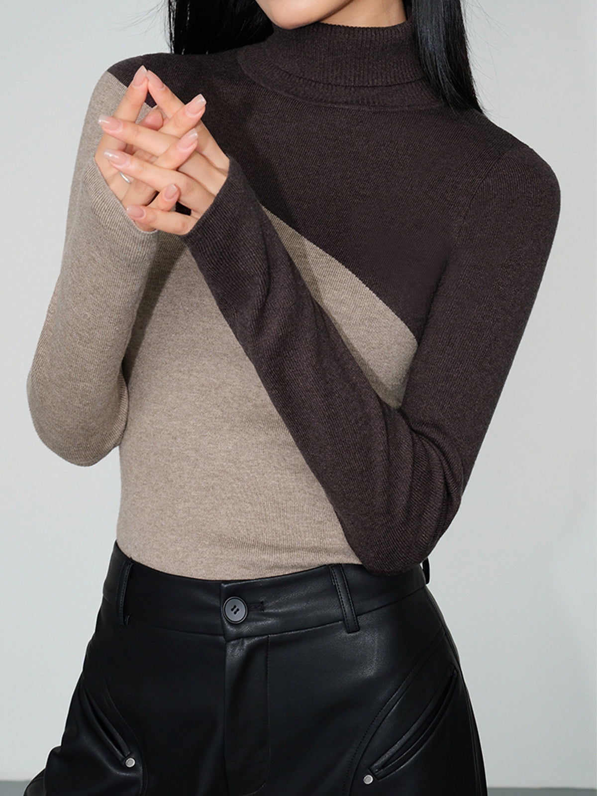 Asymmetric Patchwork Long Sleeve Mock Neck Knit Top Women's Casual Fashion