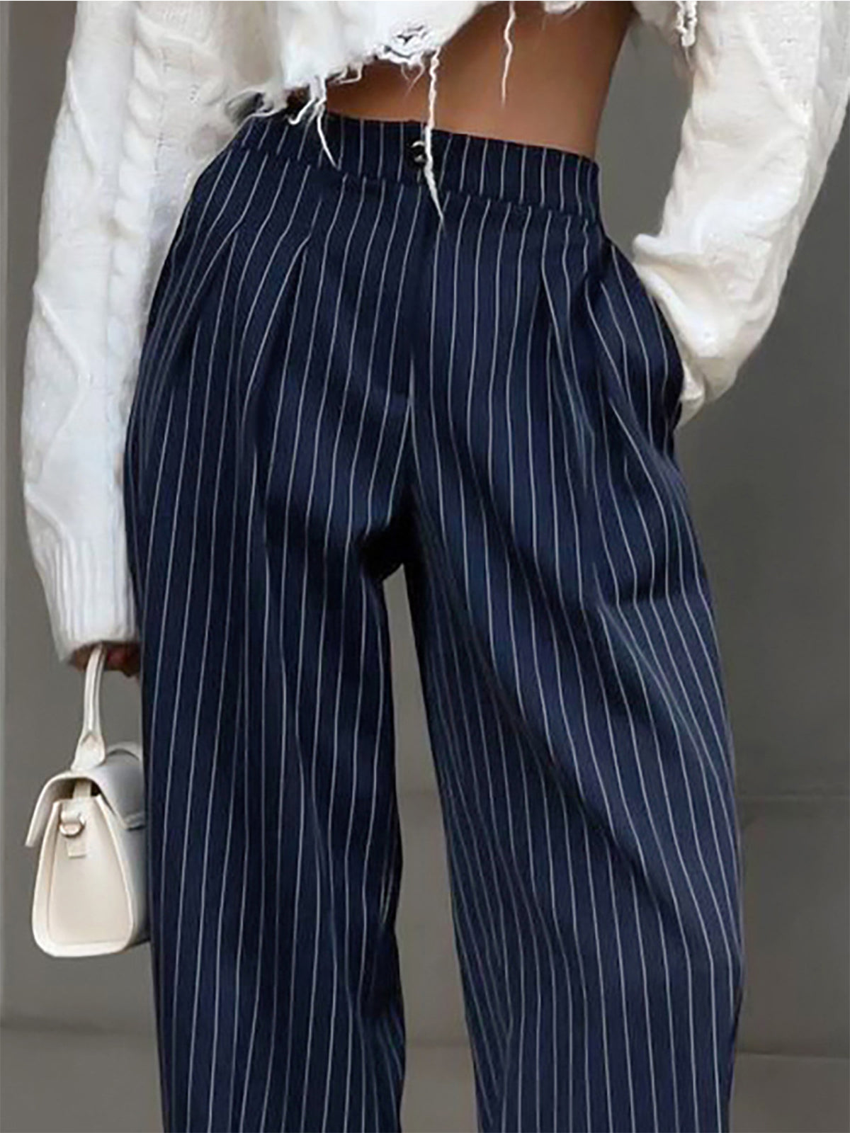 Pinstripe Pleated Wide-Leg Pants for Women, High Waist Elegant Trousers