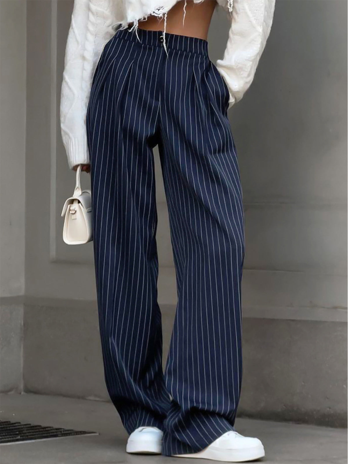 Pinstripe Pleated Wide-Leg Pants for Women, High Waist Elegant Trousers