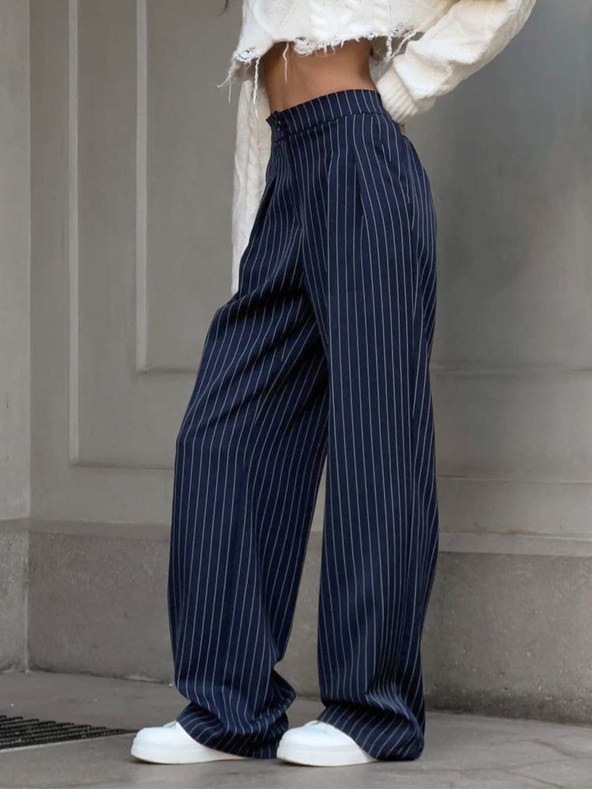 Pinstripe Pleated Wide-Leg Pants for Women, High Waist Elegant Trousers